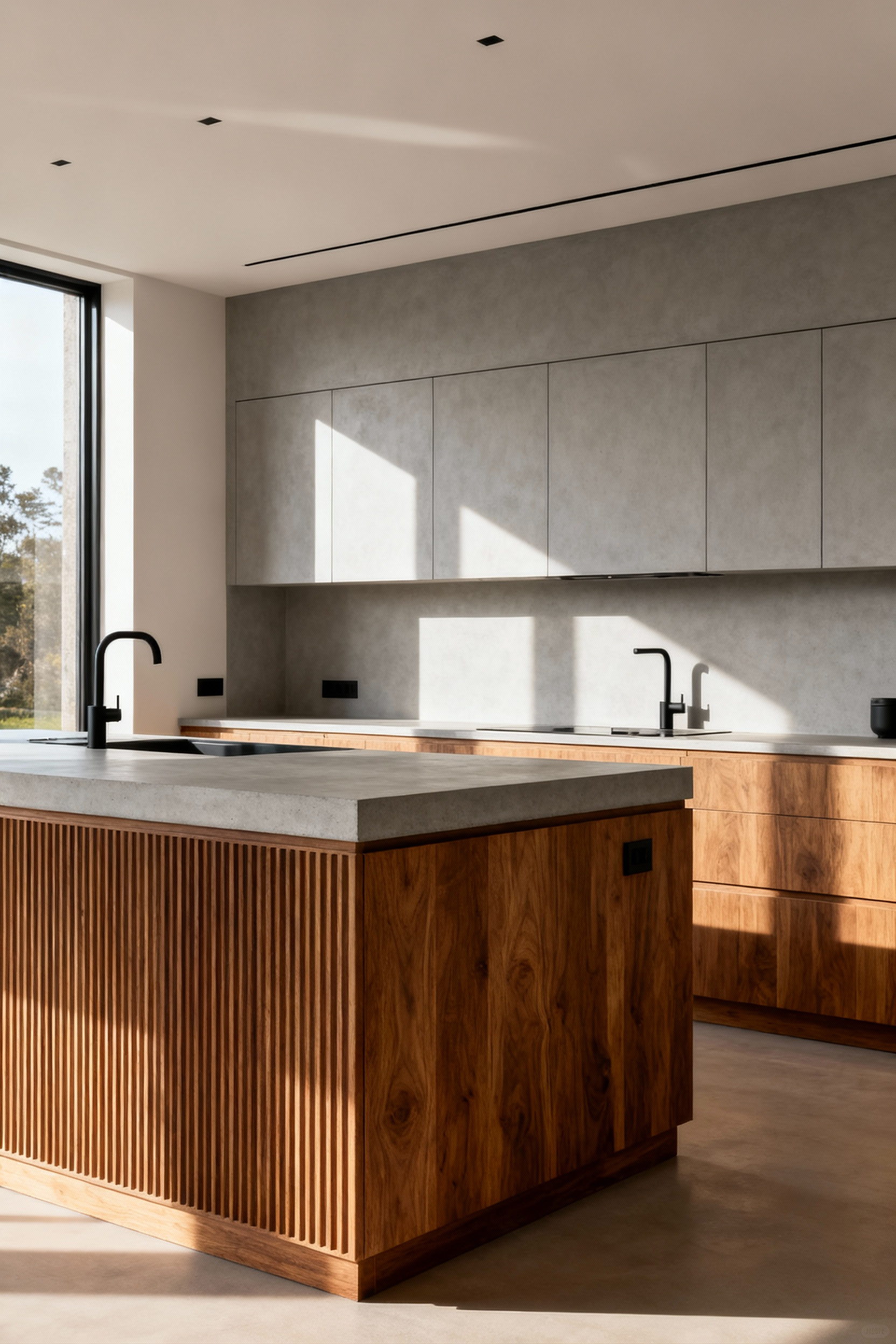 Contemporary kitchen featuring a large island with a highly textured fluted wood base contrasted by smooth concrete countertops and micro-cement finished perimeter cabinets.