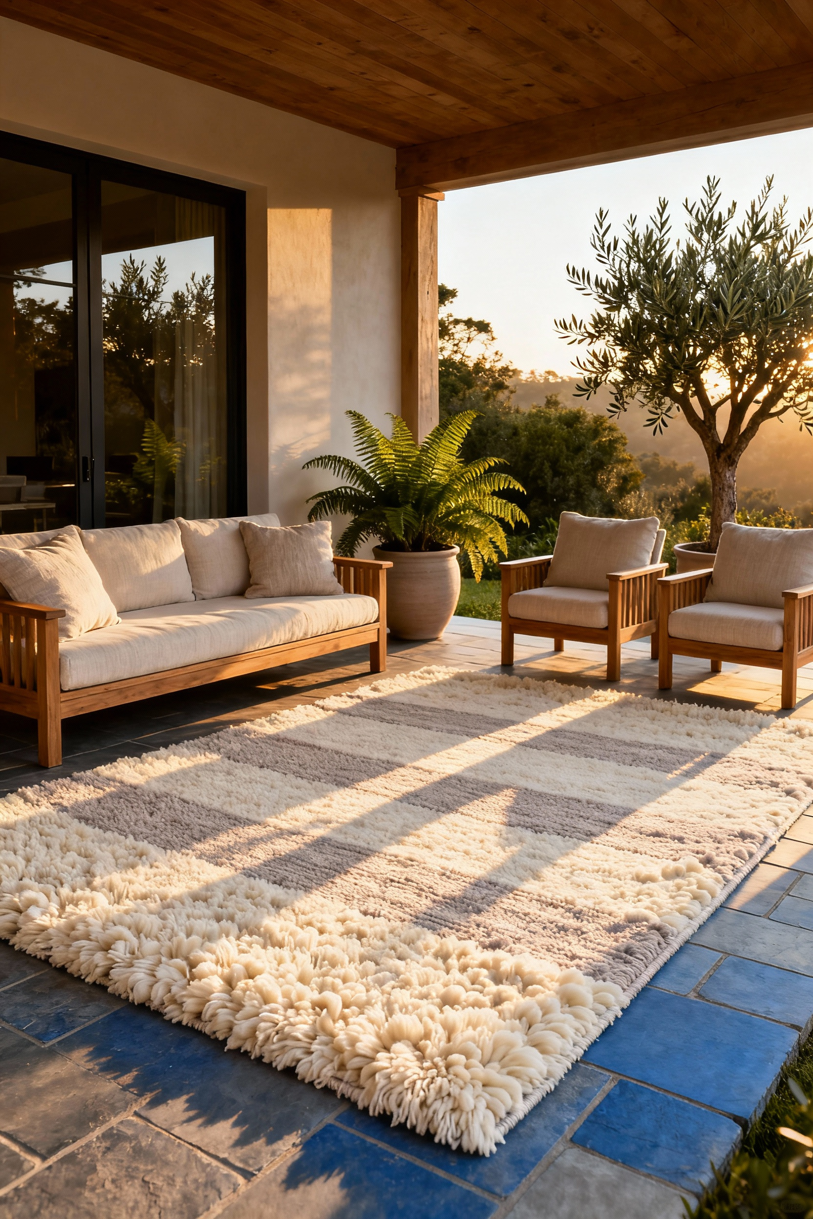 A luxurious, neutrally colored hand-woven performance rug made from Recycled PET anchors a sophisticated teak seating arrangement on a covered back porch, highlighting the plush, chunky texture that mimics high-quality wool.
