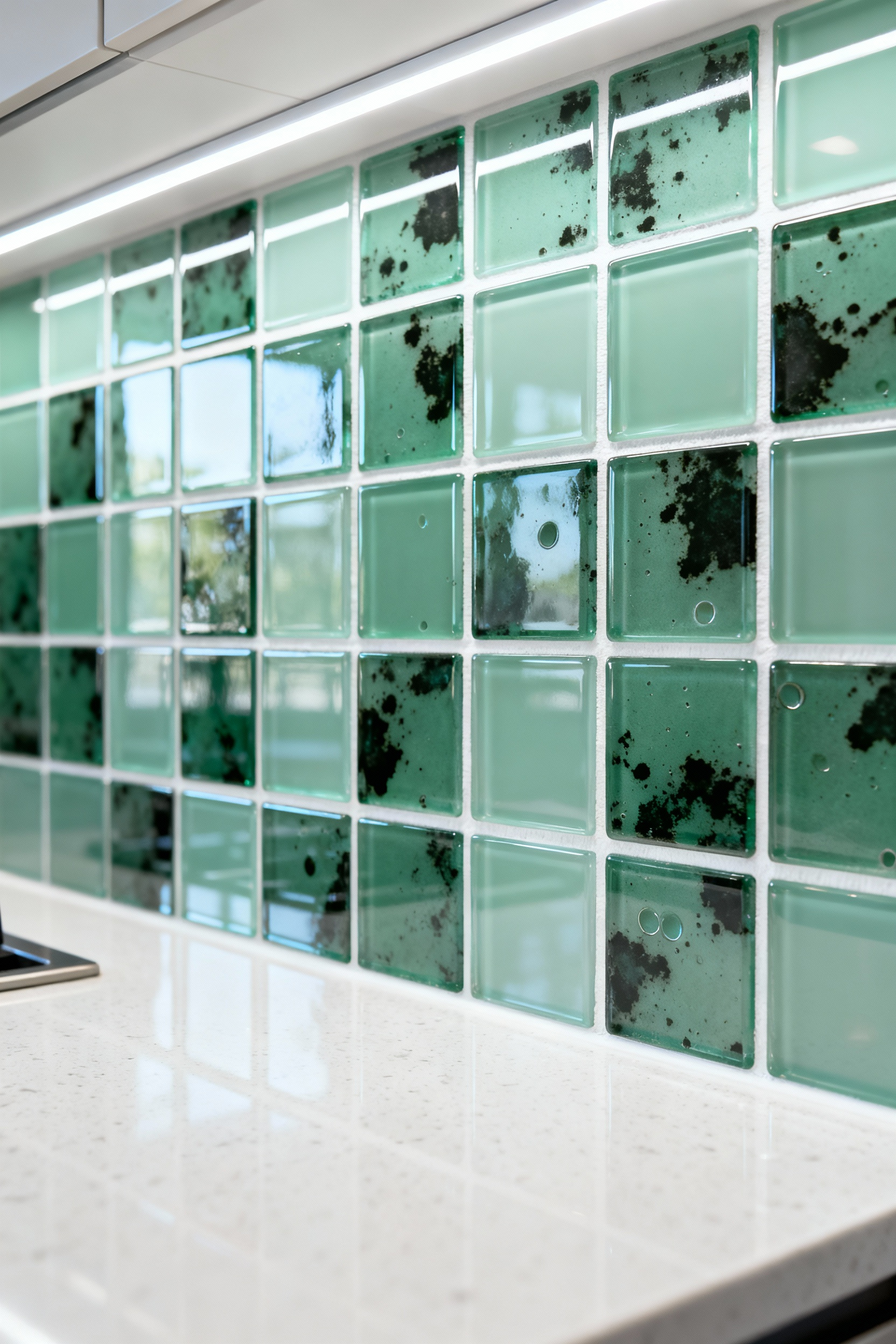 A kitchen backsplash made of glossy seafoam green glass tiles demonstrating the transparency trap, showing dark, mottled shadows caused by air pockets contrasted against an adjacent section of uniform, flawlessly installed tile.
