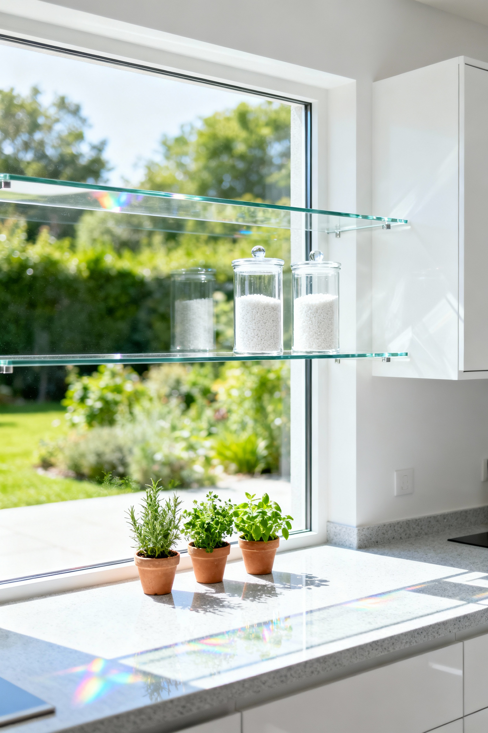 Two tiers of clear tempered glass shelving installed across a sunlit kitchen window, maximizing vertical storage while allowing natural light to diffuse into the space.