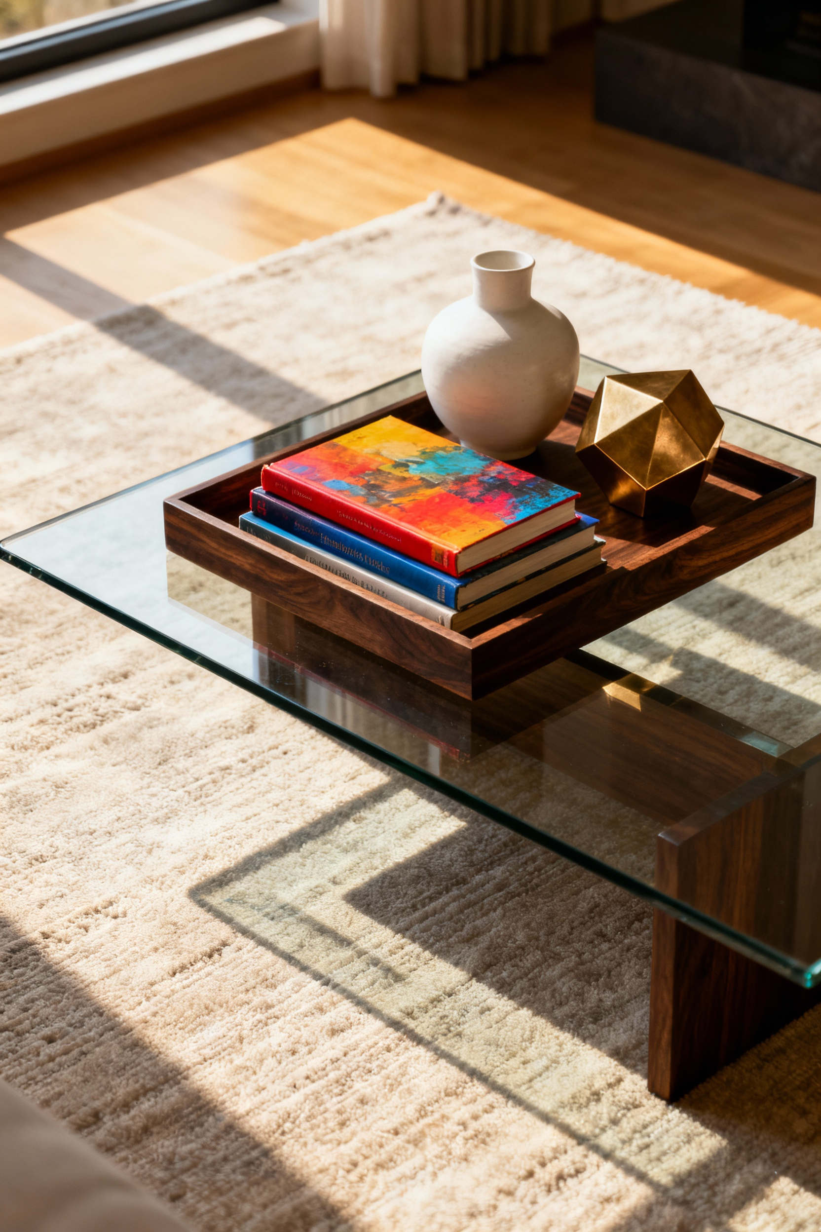 A substantial, dark walnut wood decorative tray anchoring books and objects on a modern, transparent glass coffee table in a light-filled minimalist living room.