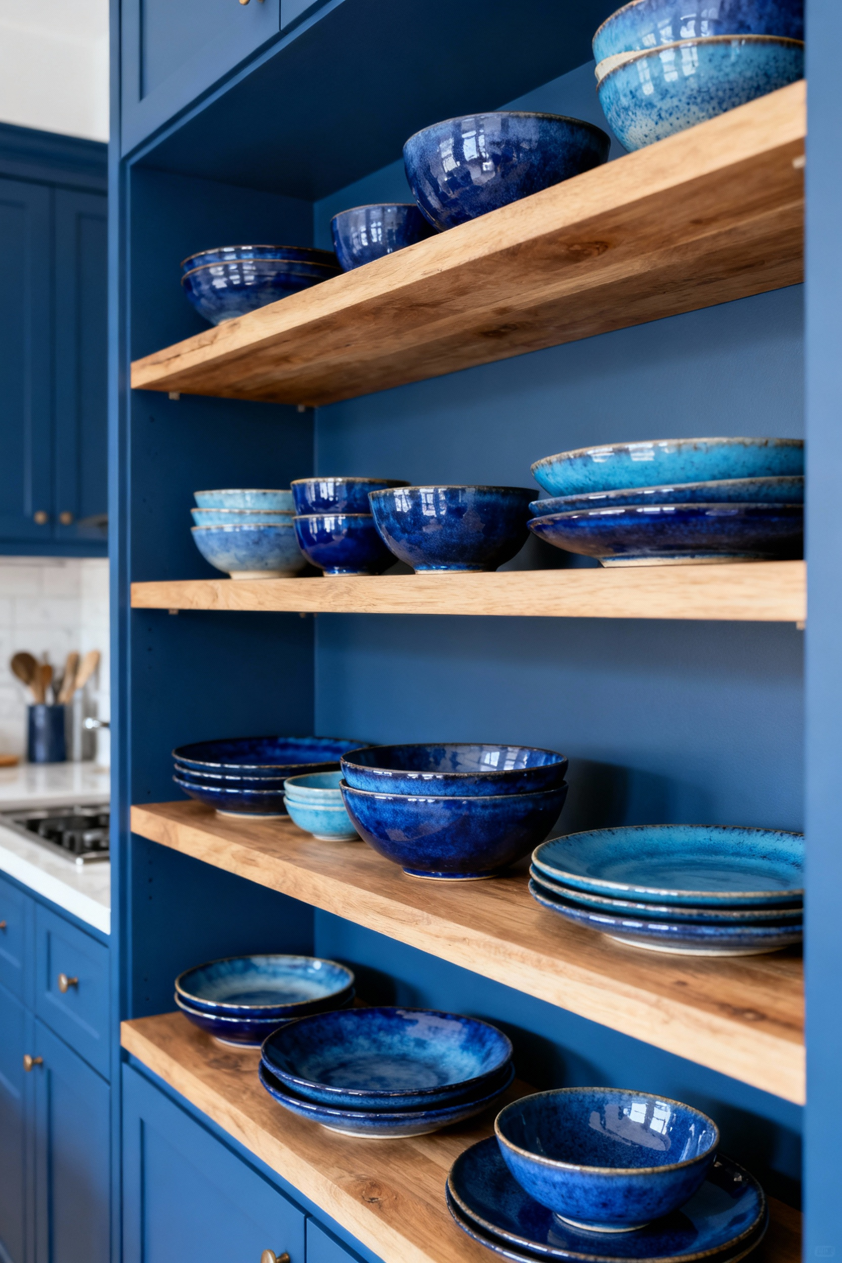A collection of artisanal hand-glazed blue ceramic bowls and plates displayed on open wooden shelves in a modern blue kitchen, showcasing their unique textures and artistic value.