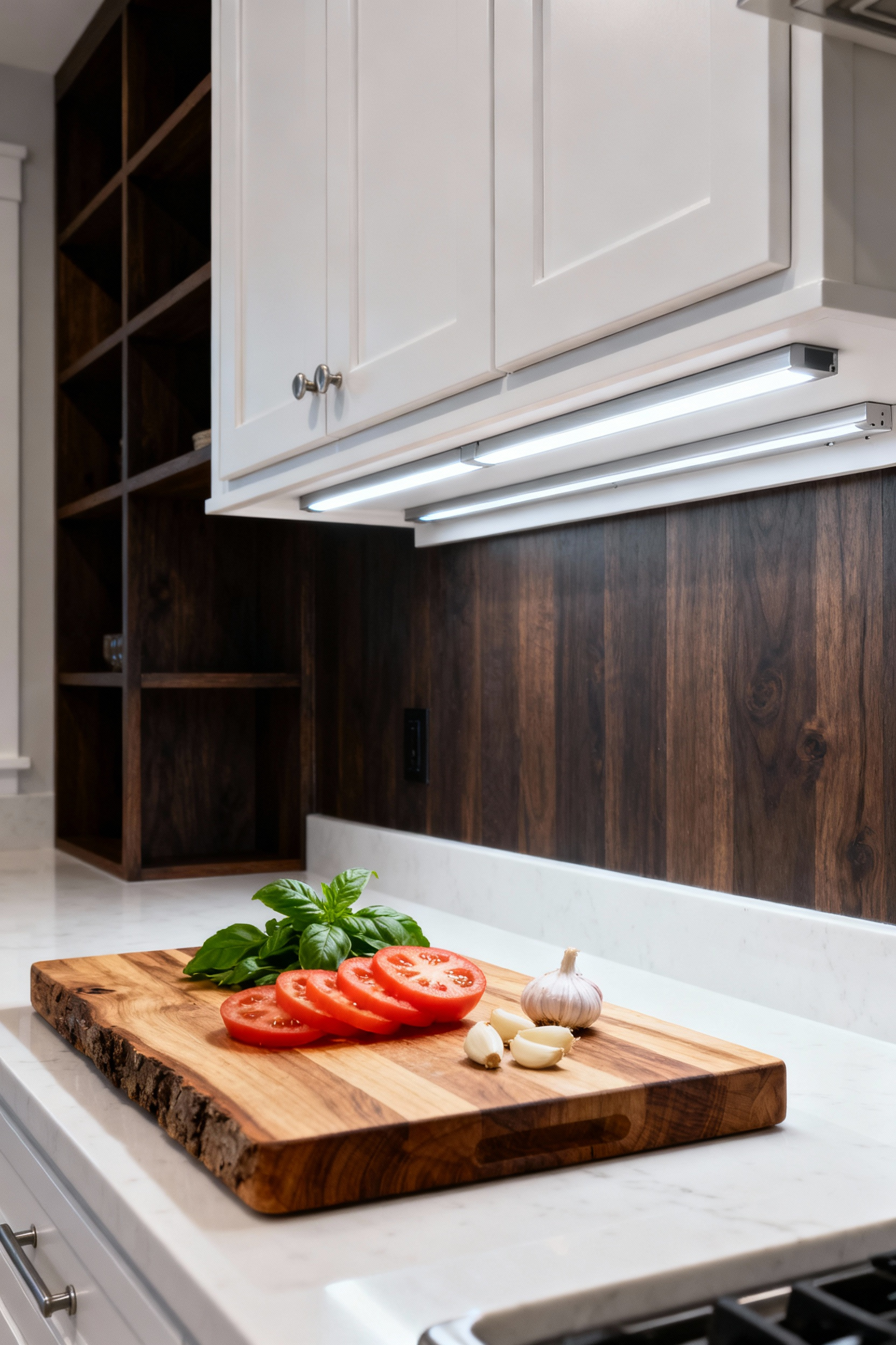 Recessed LED channel lighting installed precisely under modern white kitchen cabinets ensuring a brightly illuminated, shadow-free prep station on a white quartz countertop.