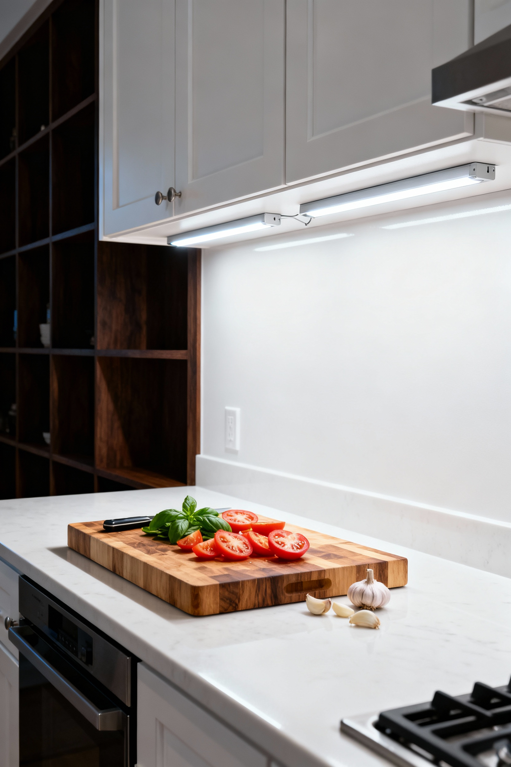 Recessed LED channel lighting installed precisely under modern white kitchen cabinets ensuring a brightly illuminated, shadow-free prep station on a white quartz countertop.