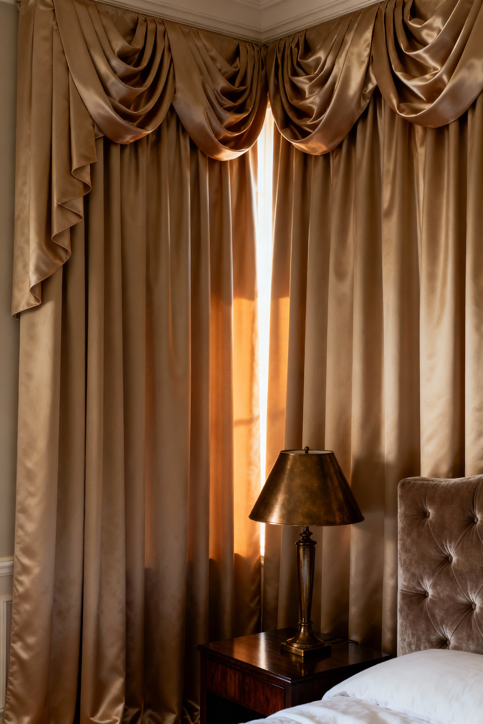 Voluminous champagne silk blackout curtains with heavy sculptural drape framing a large bedroom window, showcasing the effect of robust interlining construction.
