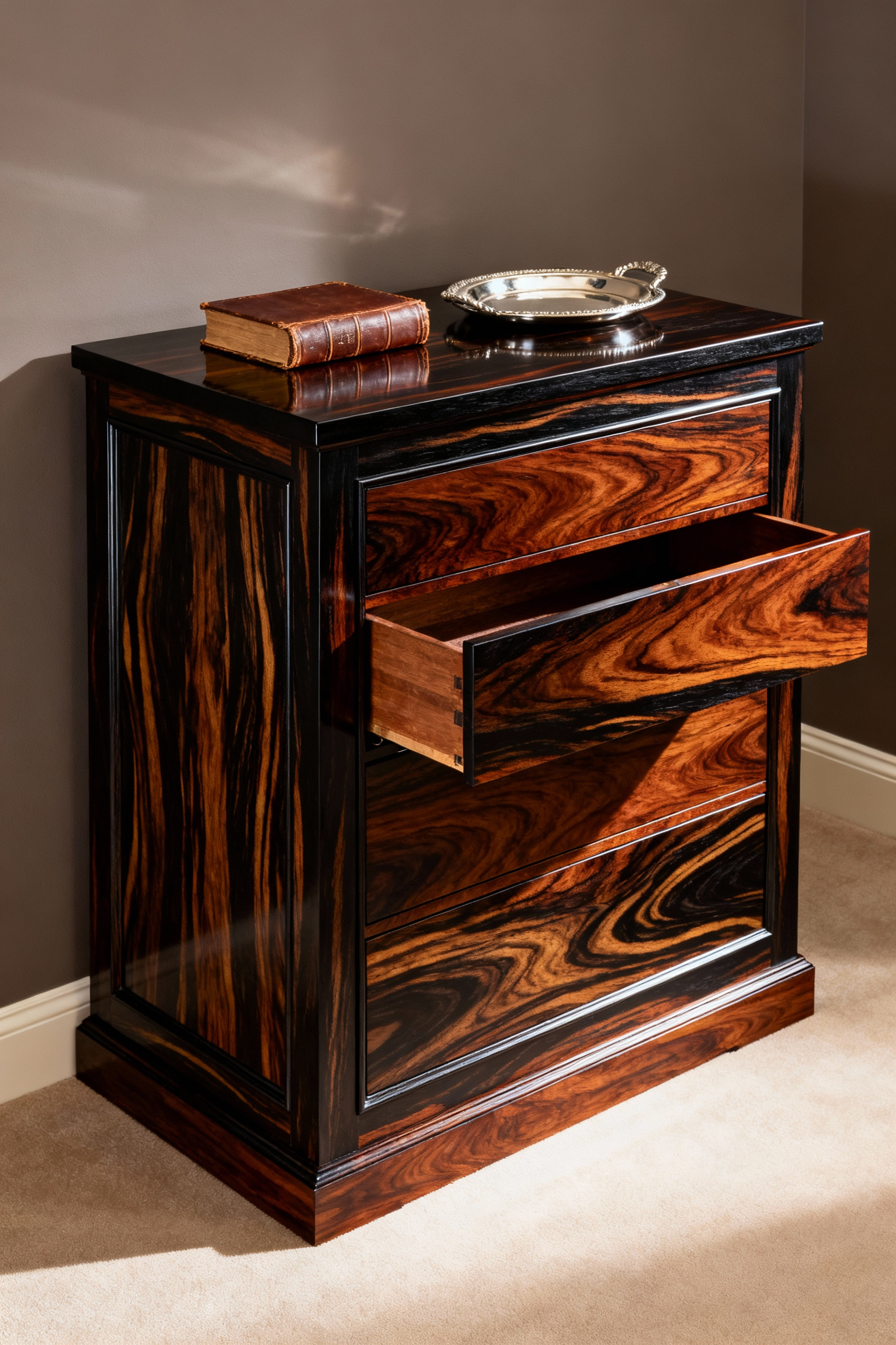 A stately Macassar Ebony Gentleman's Chest standing in a luxurious, transitional bedroom, highlighting the thick solid wood top and rich veneer, suggesting heirloom quality and robust construction.