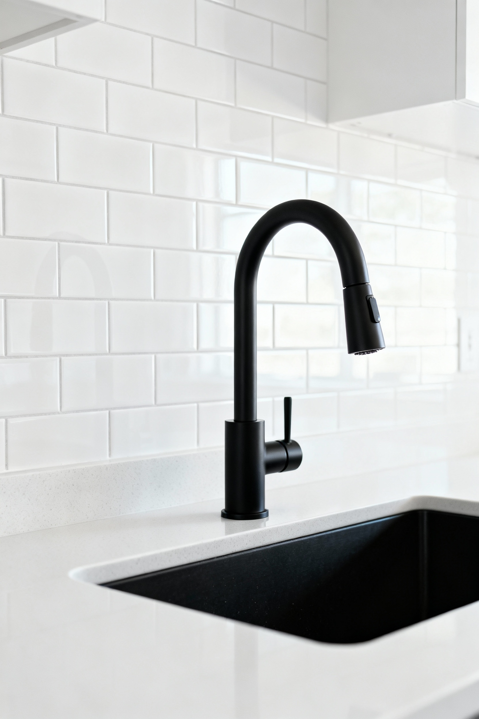 High-arc matte black kitchen faucet serving as a luxury focal point against white quartz countertops in a modern, budget kitchen remodel.