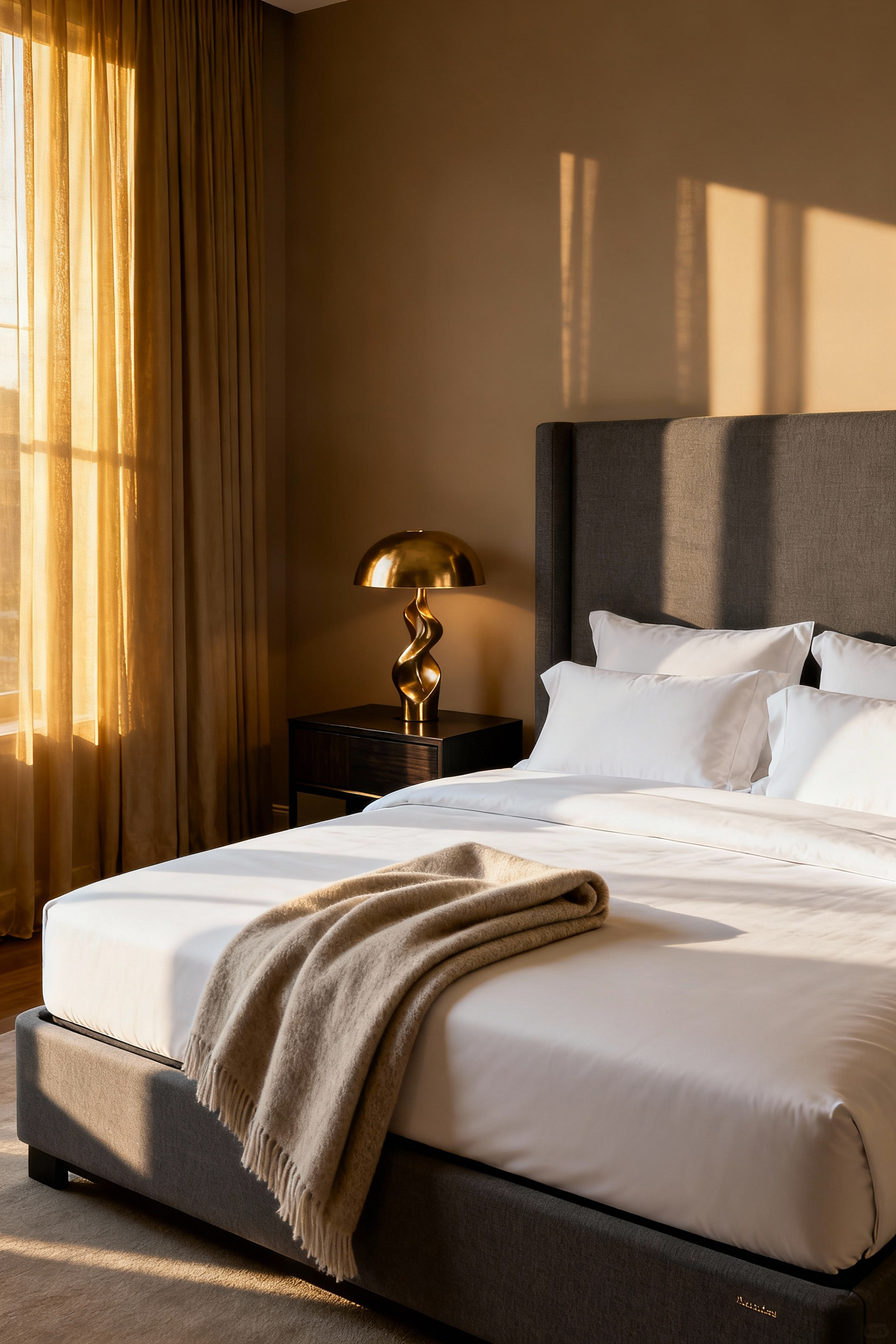 A photograph of a spacious, luxury master bedroom centered on a large bed with crisp white linens, designed to highlight the high-end mattress system as a primary investment asset.