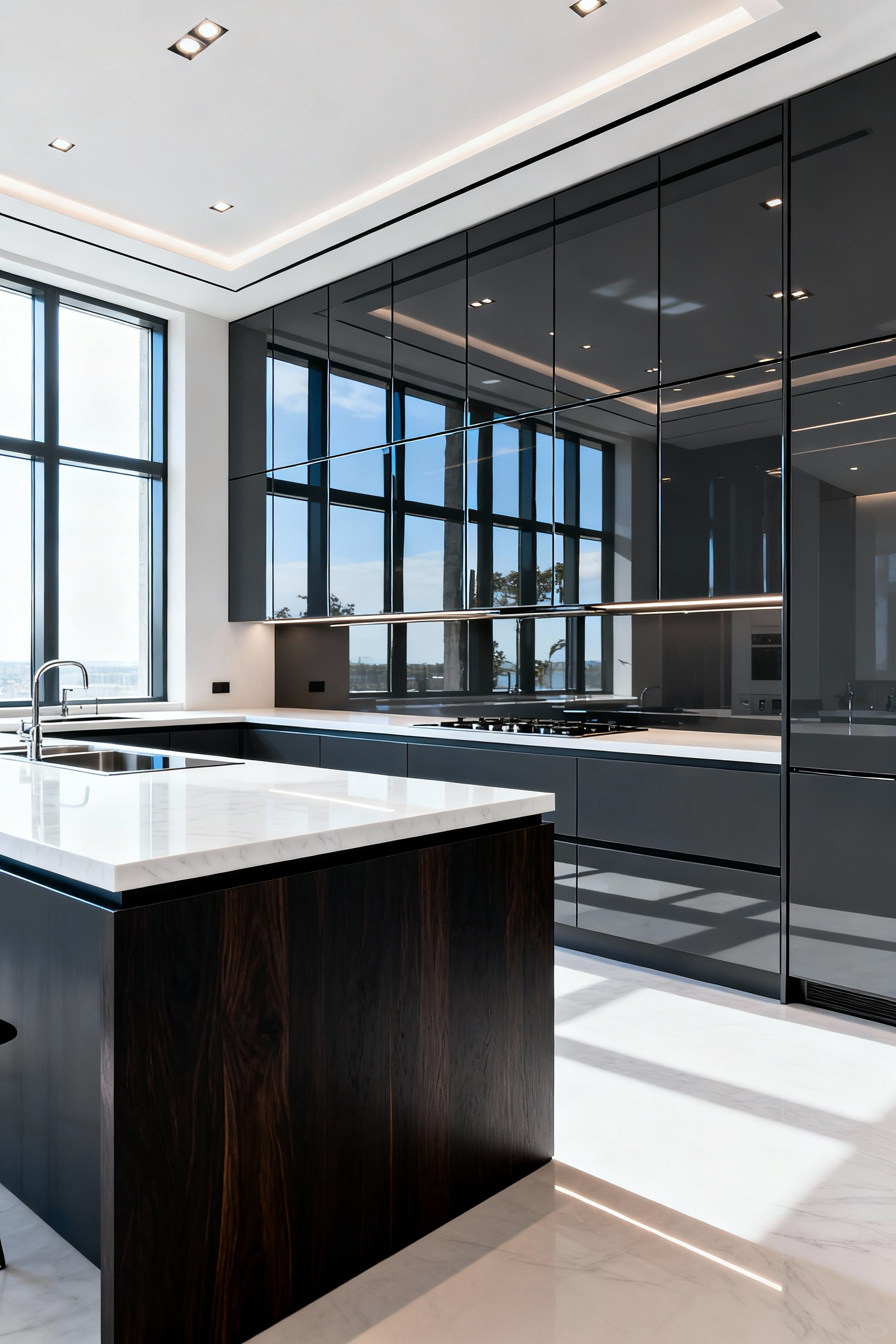 Ultra-contemporary kitchen featuring handleless, high-gloss deep charcoal grey acrylic cabinets that exhibit a sharp, mirror-like reflection and glass-like depth.