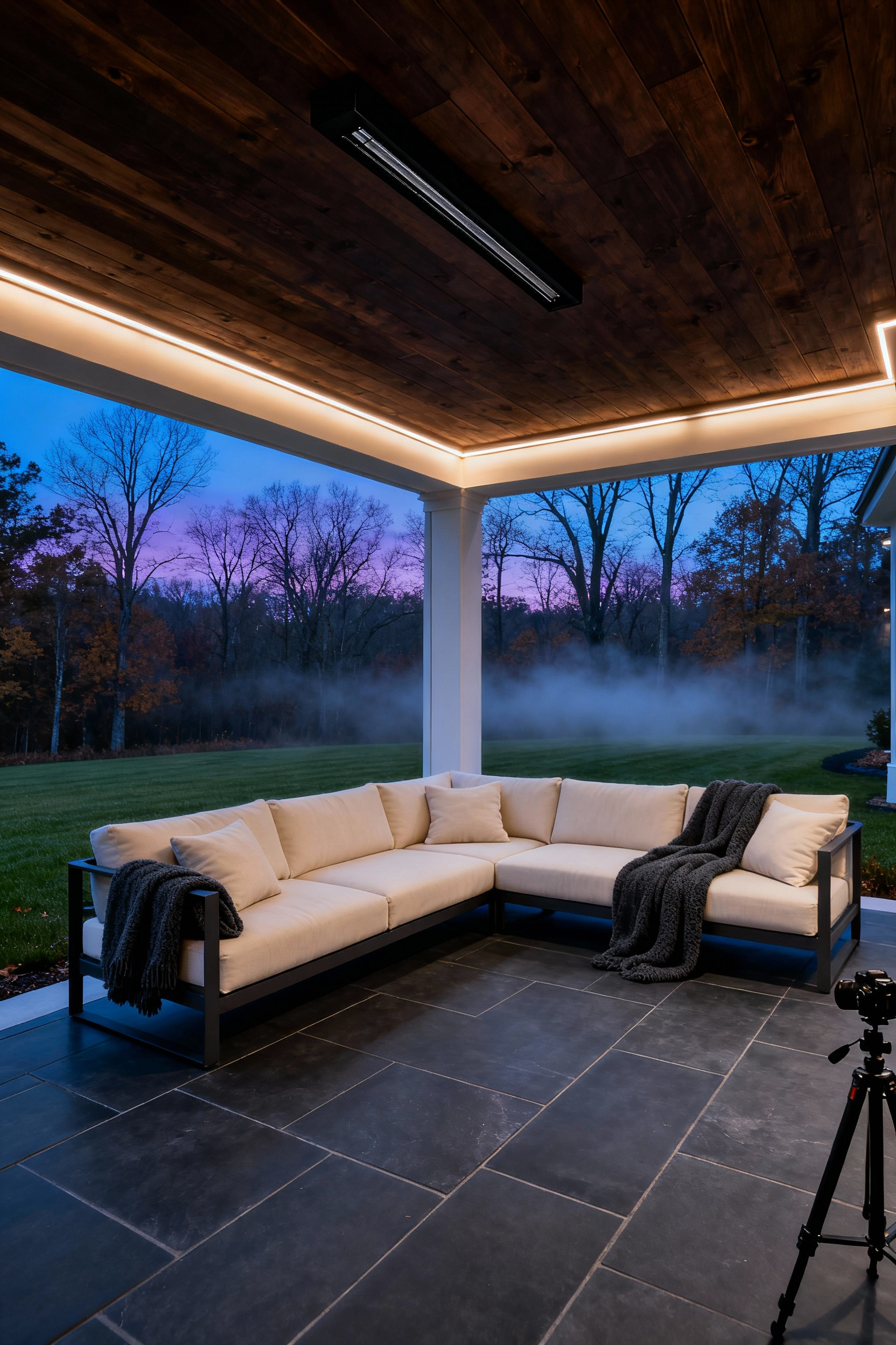 Luxury covered back porch viewed at twilight, featuring high-end deep-seated furniture and discreet flush-mount infrared heaters integrated into a dark wood ceiling.