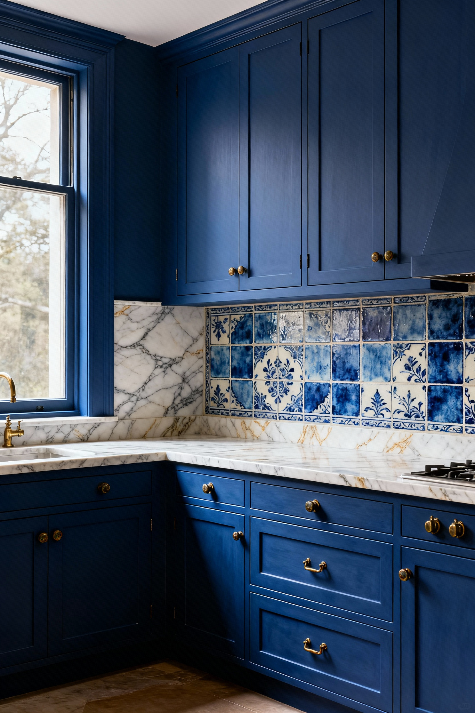 A luxurious historical blue kitchen featuring deep Prussian blue matte cabinetry, hand-painted encaustic tiles, Calacatta Oro marble countertops, and patinated brass hardware, reflecting ancient dye heritage in a modern design.
