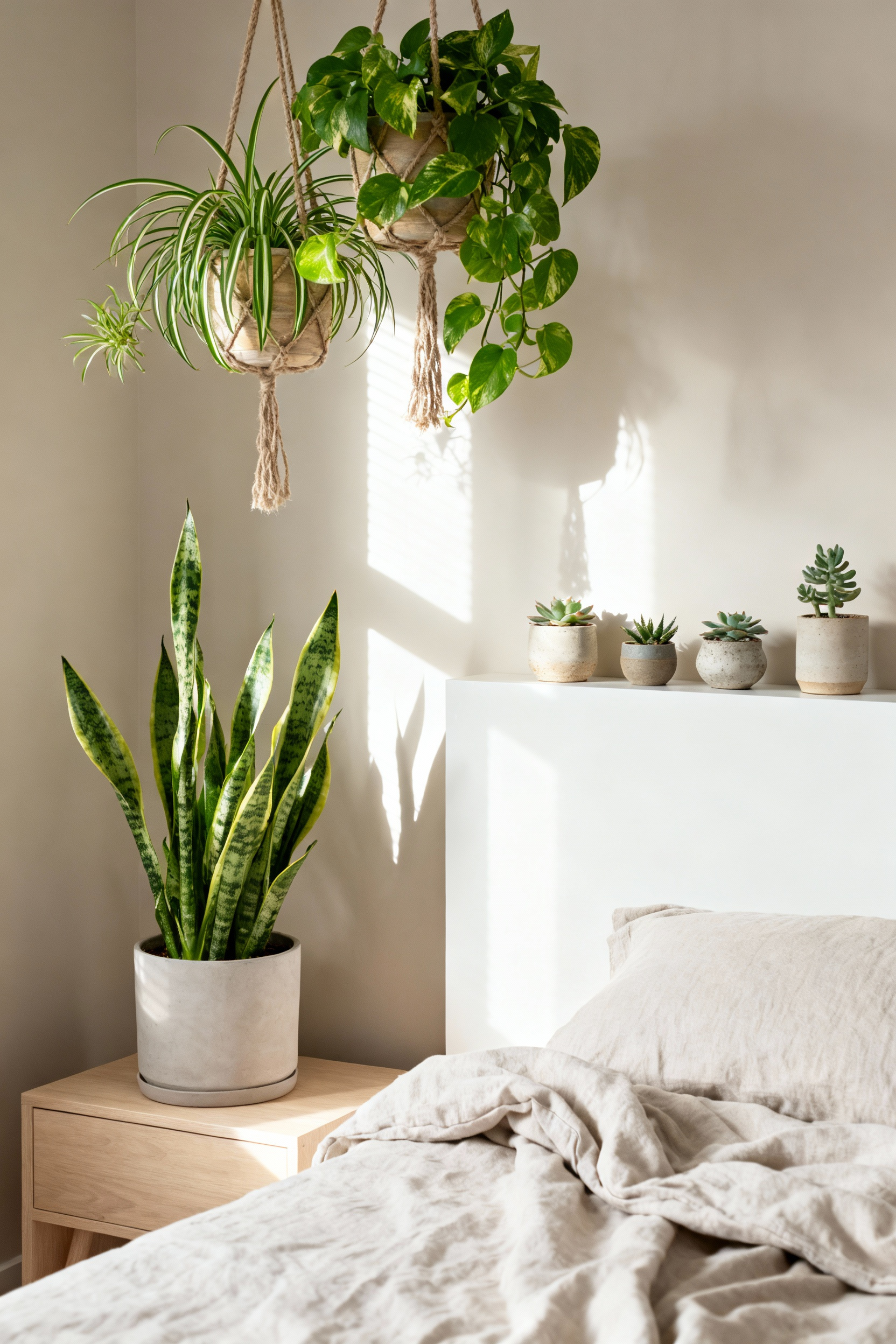 A serene bedroom featuring various indoor plants like snake plants, pothos, and succulents on a bedside table, shelves, and in hanging planters. The room is bathed in soft natural light, highlighting the freshness and calm ambiance of the green decor.