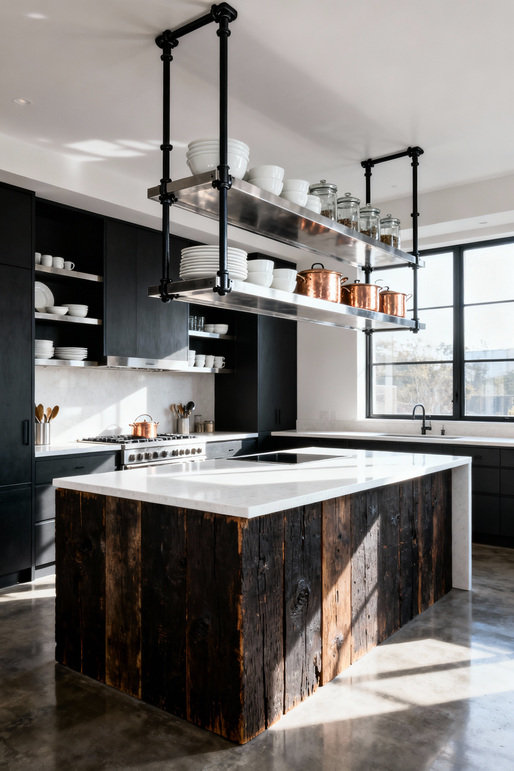 Ceiling-mounted industrial shelving rack made of matte black steel pipes and alternating rustic wood and stainless steel shelves suspended above a white quartz kitchen island.