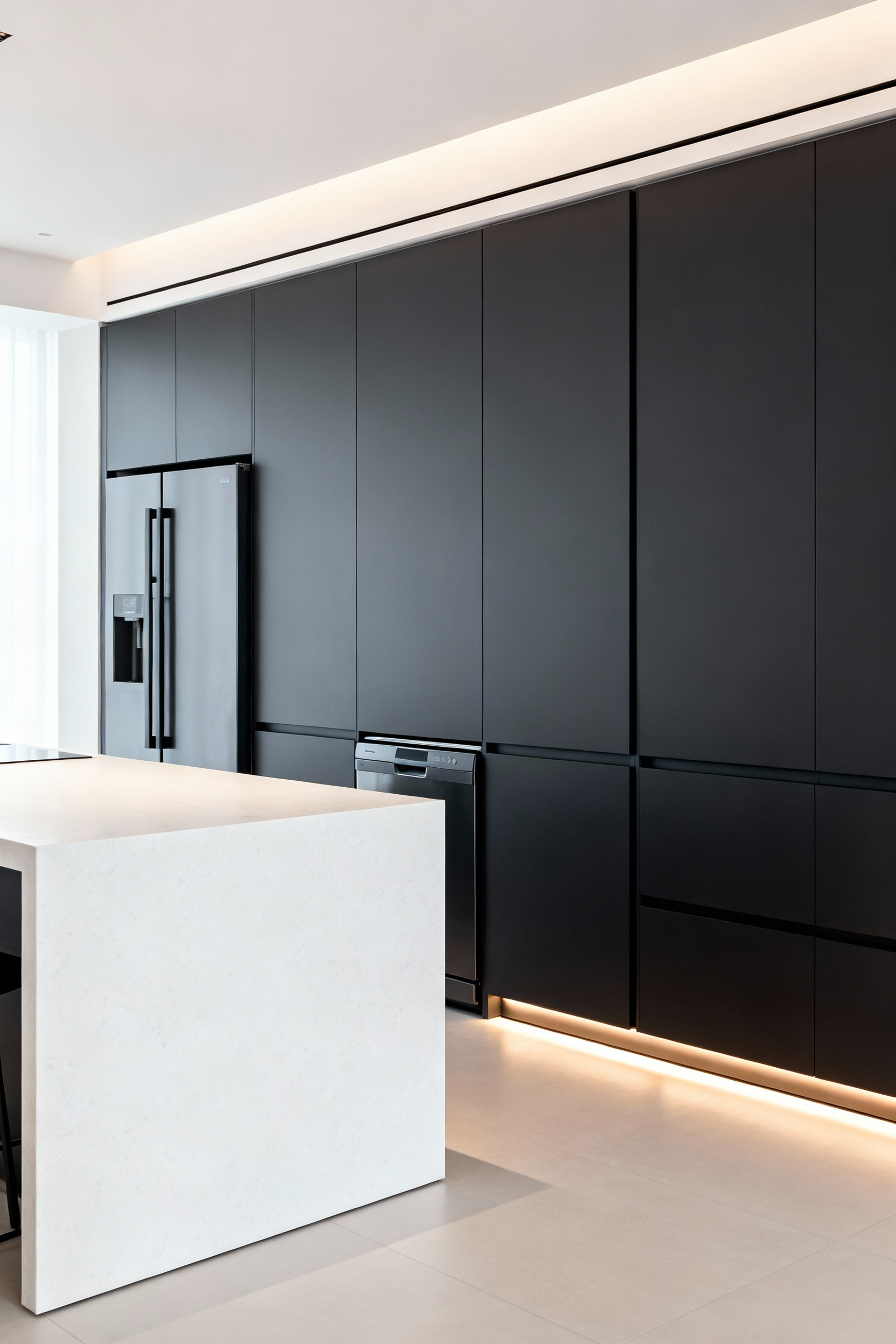 Wide shot of a luxury contemporary kitchen featuring seamless, handleless, matte charcoal flat-front cabinets that completely conceal all panel-ready appliances for a continuous, integrated aesthetic.