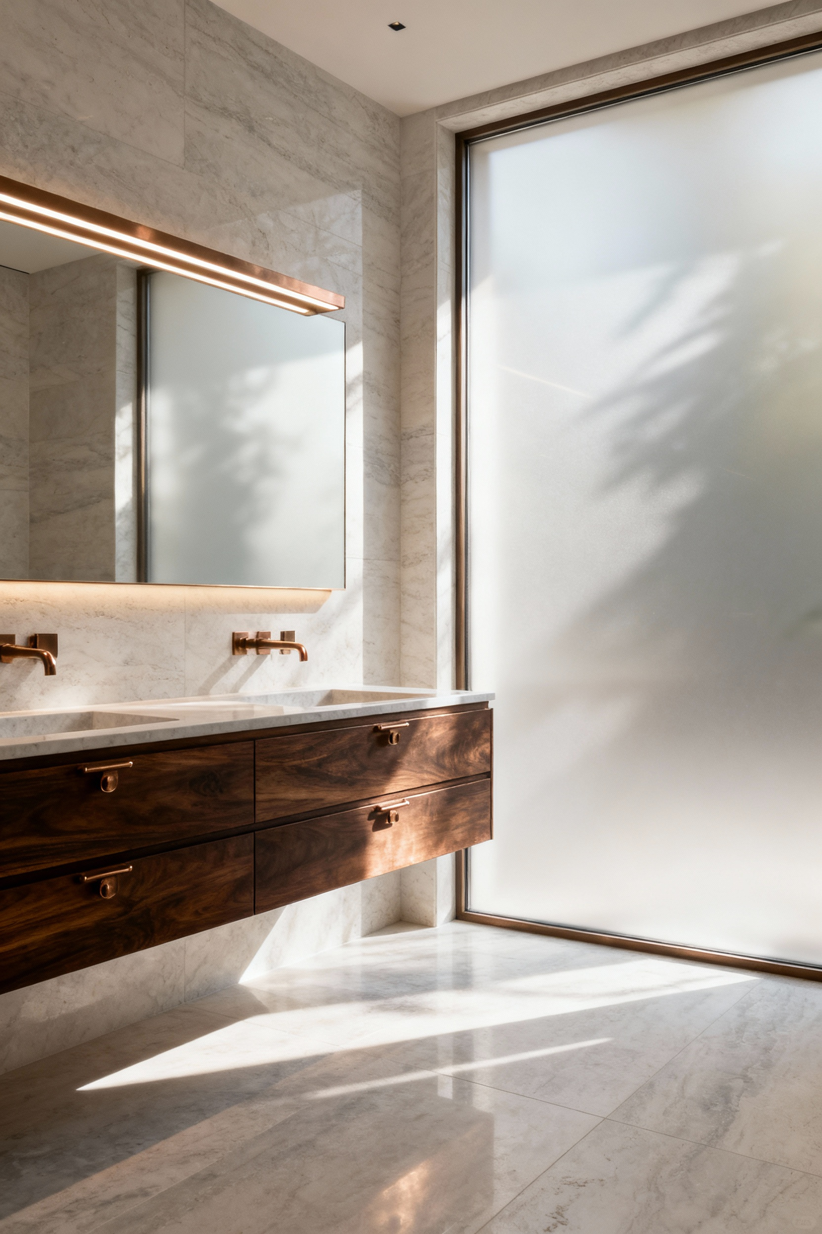 A serene luxury bathroom featuring an intentional color palette of oyster whites, warm grays, and bronze accents. Polished limestone and dark timber vanity under soft natural light.