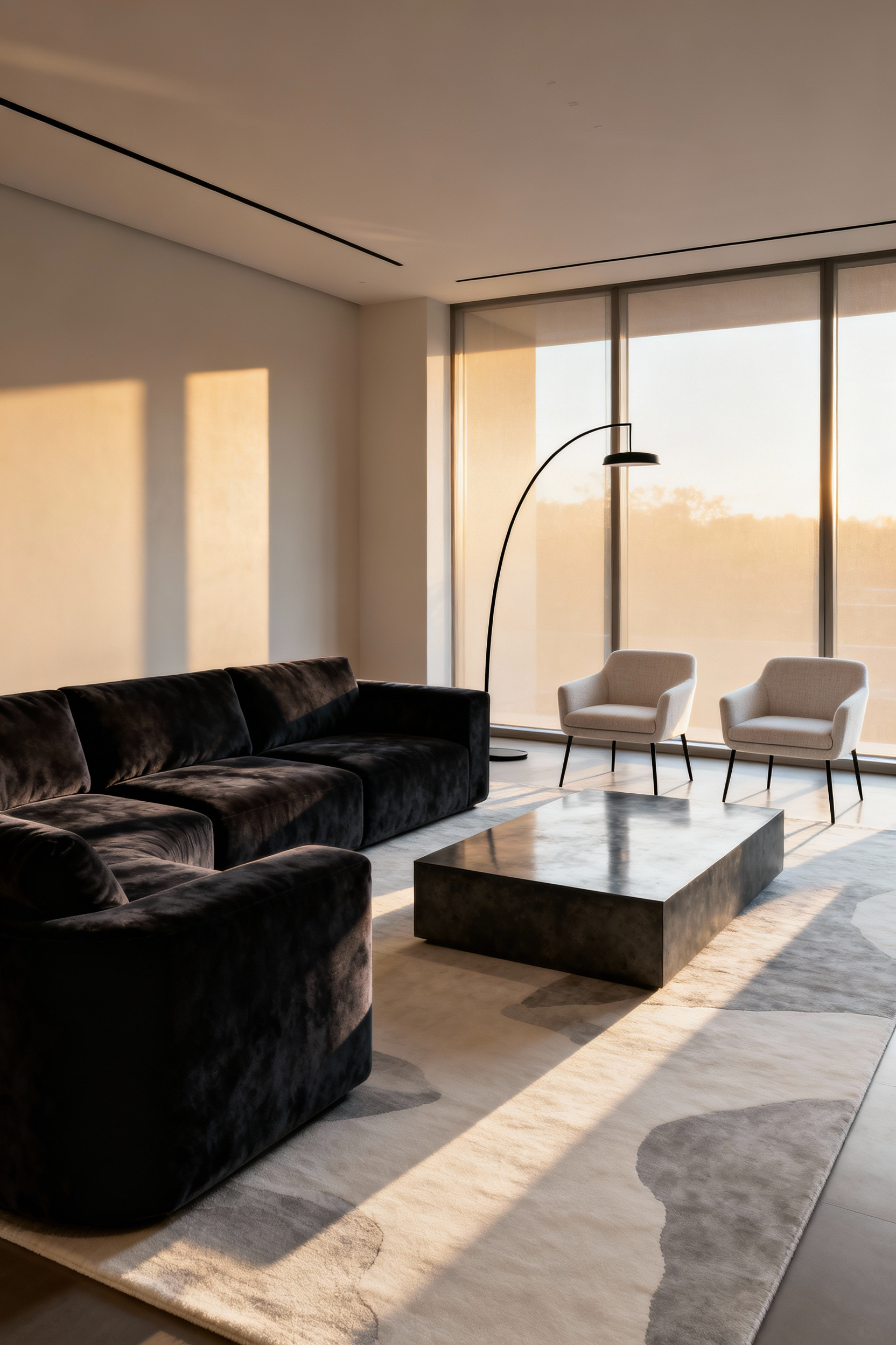 A modern living room achieving asymmetrical balance, where a visually heavy charcoal velvet sectional on one side is expertly counterbalanced by a grouping of light linen armchairs and a slender metal floor lamp on the opposite side.