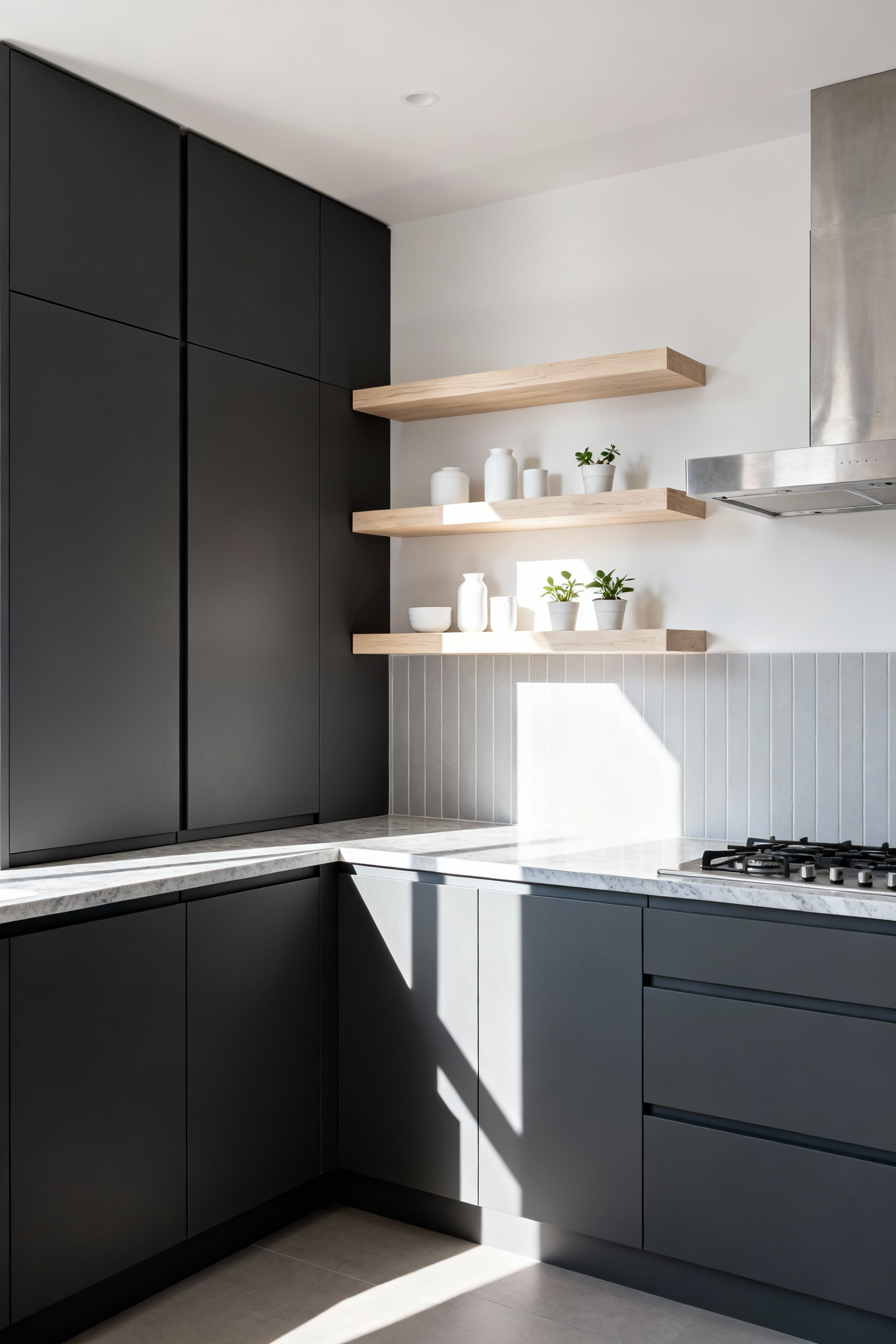 A modern kitchen layout demonstrating visual balance by contrasting a wall of dark, seamless floor-to-ceiling closed storage with an adjacent wall featuring light, open wooden floating shelves flanking a range hood.