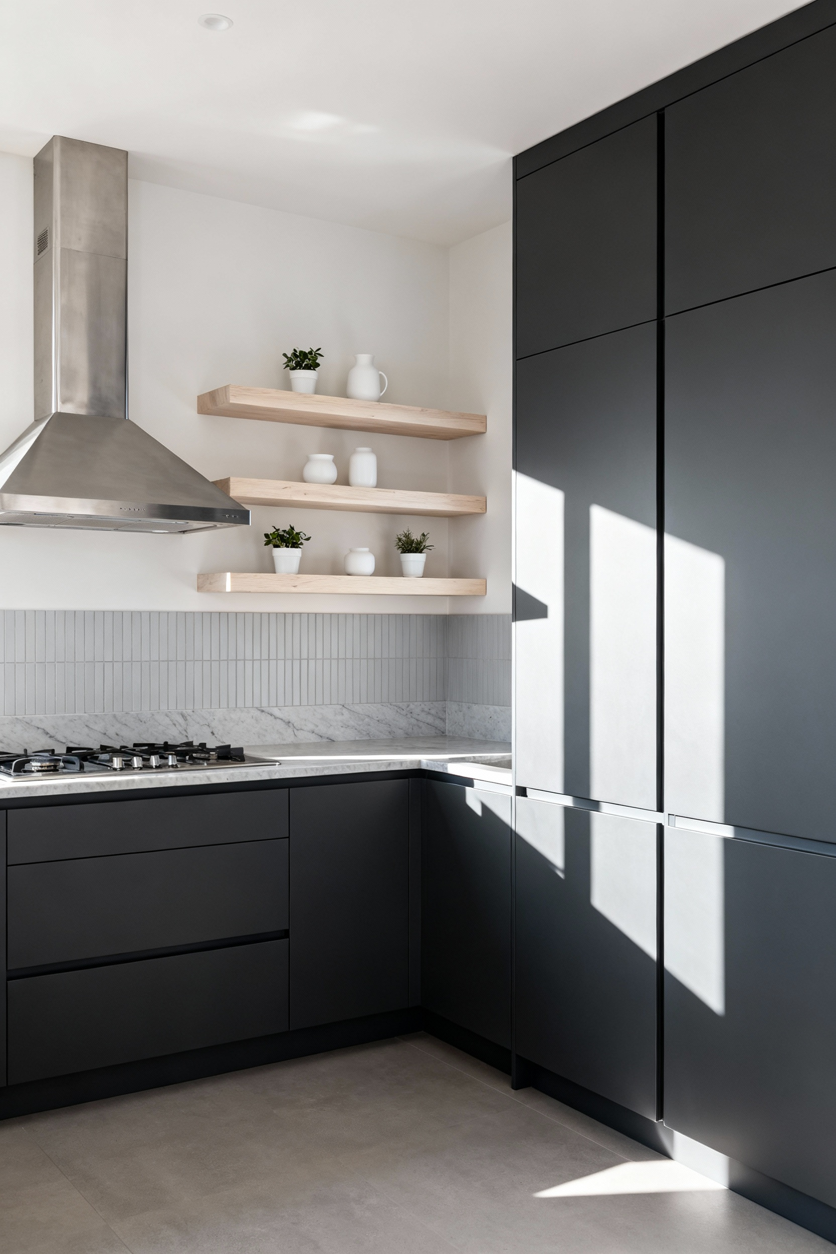 A modern kitchen layout demonstrating visual balance by contrasting a wall of dark, seamless floor-to-ceiling closed storage with an adjacent wall featuring light, open wooden floating shelves flanking a range hood.