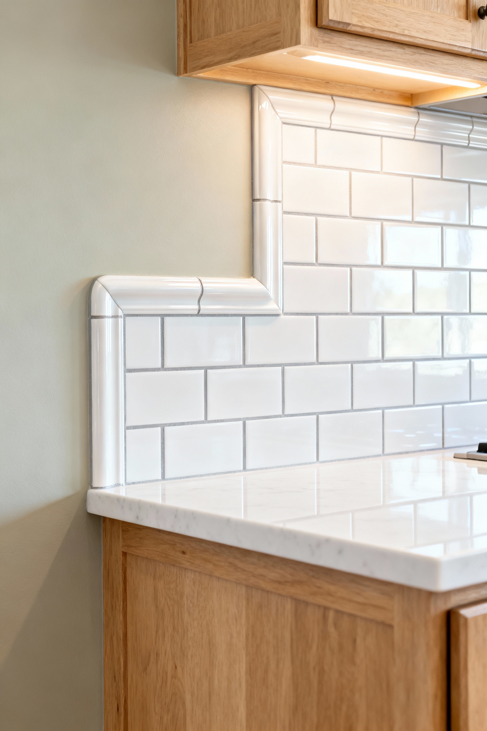 A photograph illustrating a classic white ceramic subway tile kitchen backsplash featuring a traditional bullnose trim edge for a soft, rounded architectural transition.