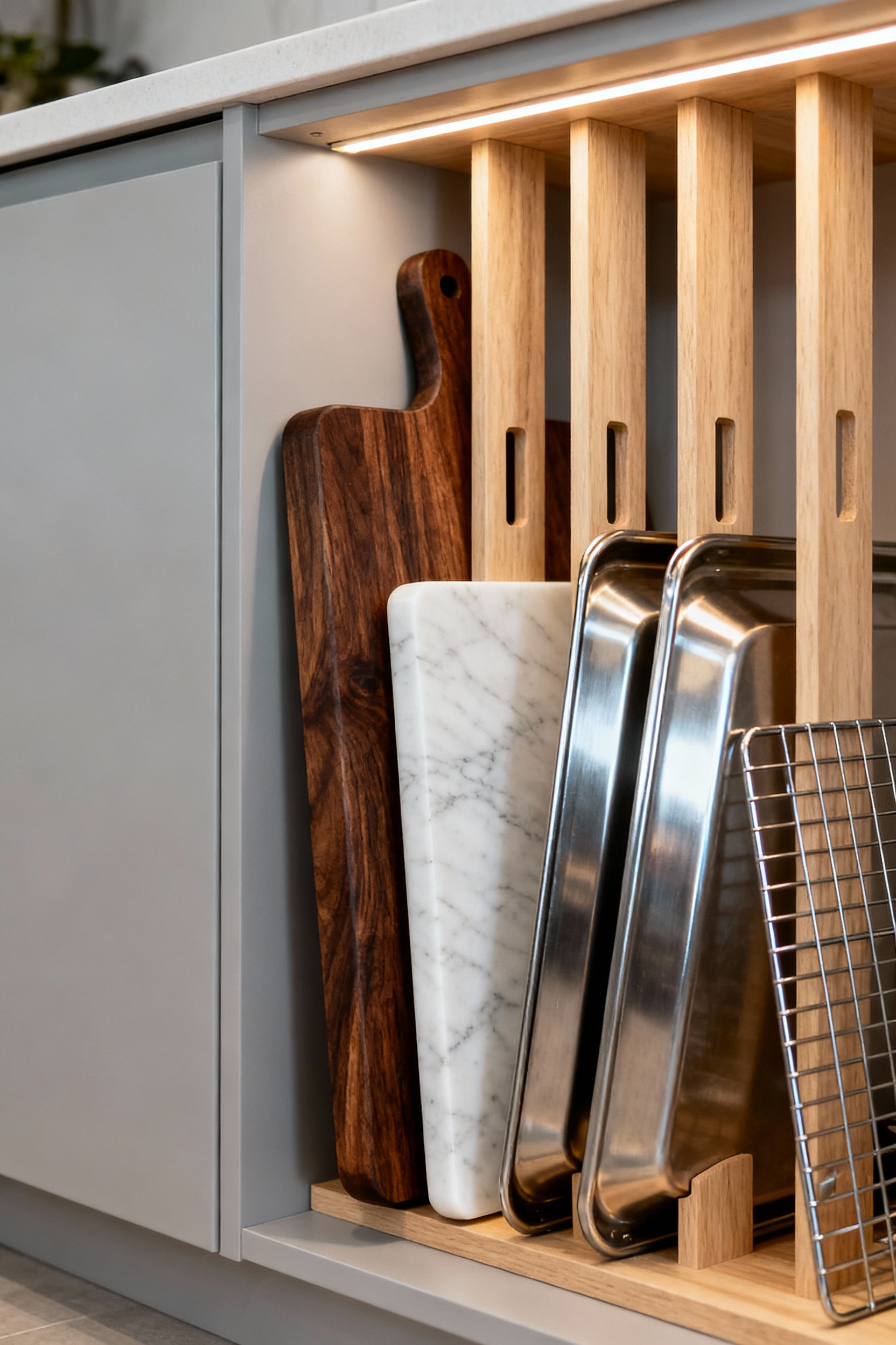 Detailed view of a kitchen cabinet interior showing vertically organized baking sheets and cutting boards held by light wood dividers, illustrating efficient vertical storage ideas.