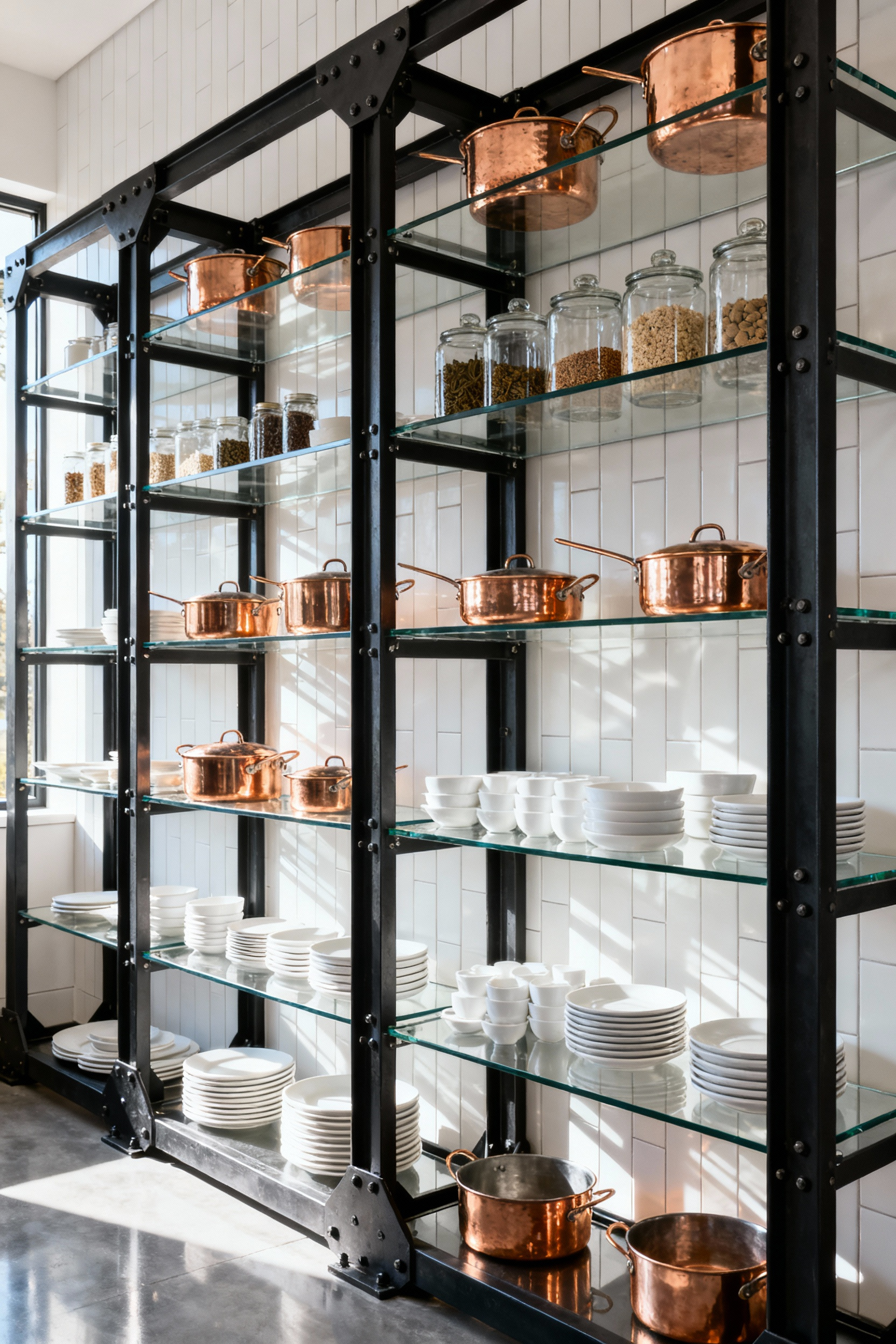 Open kitchen shelving unit featuring heavy-gauge black steel frames and clear glass shelves, styled with copper pots and white dishes, demonstrating visual lightness and industrial strength.