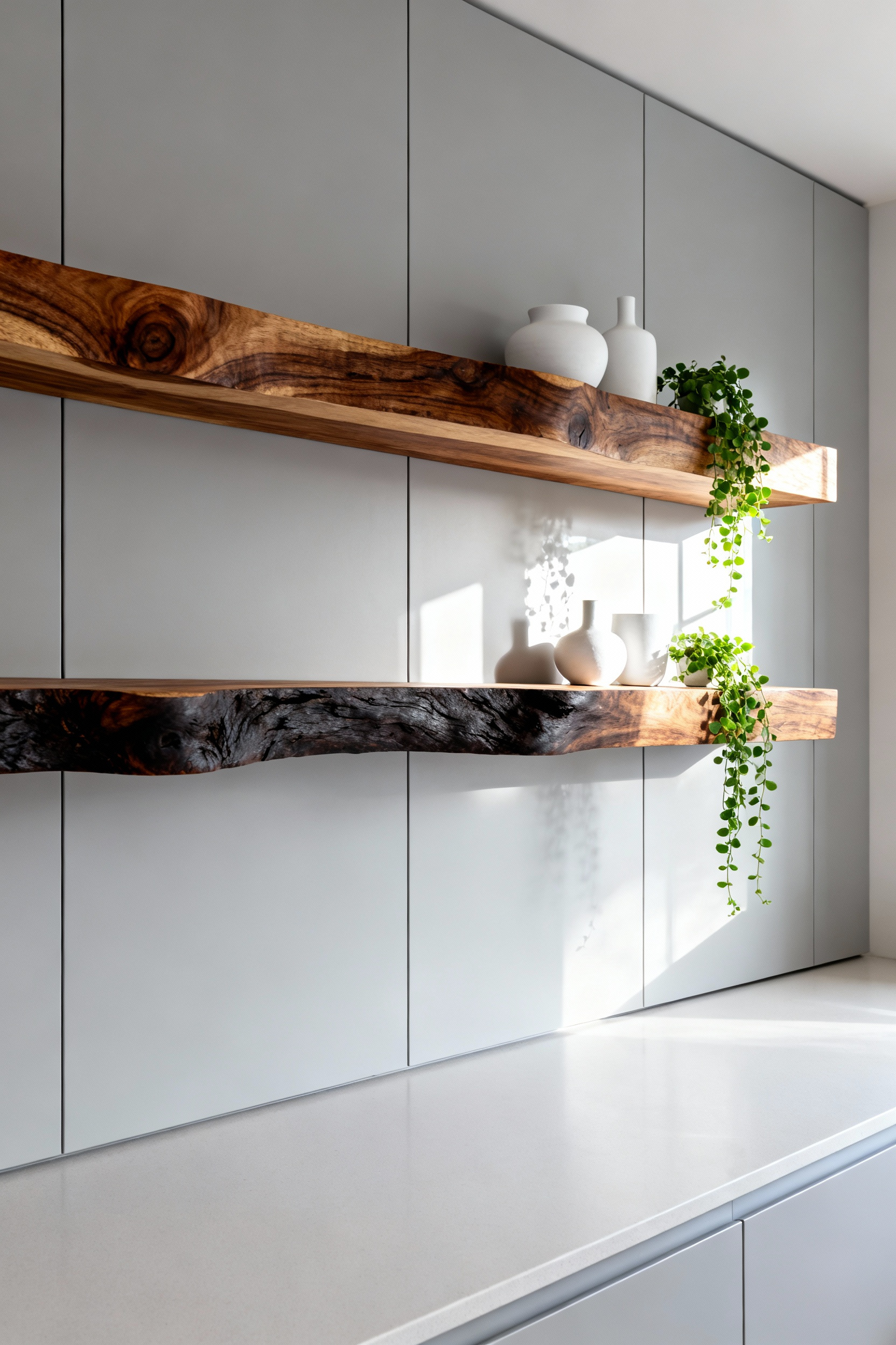 A pair of thick, floating live-edge walnut shelves integrated into a modern kitchen, contrasting sharply with the matte gray, handleless cabinetry beneath them, achieving an organic modern aesthetic.
