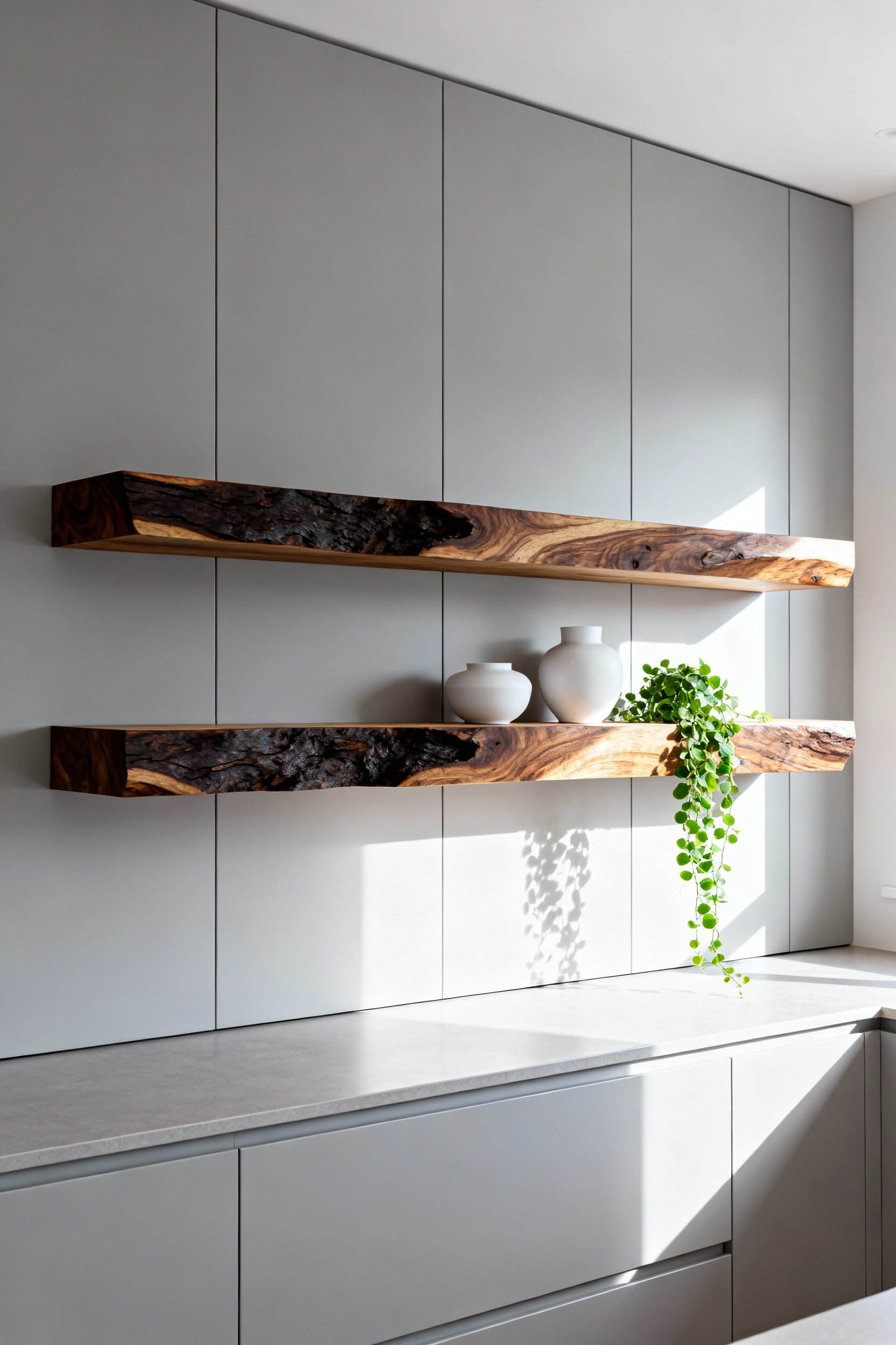 A pair of thick, floating live-edge walnut shelves integrated into a modern kitchen, contrasting sharply with the matte gray, handleless cabinetry beneath them, achieving an organic modern aesthetic.