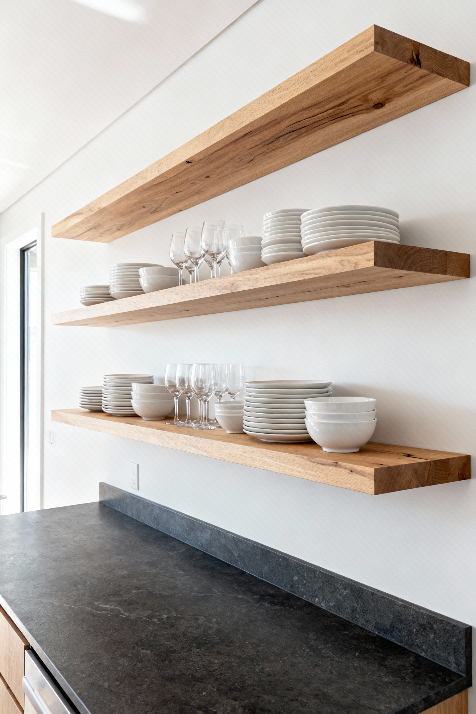 Professionally photographed kitchen with thick, rift-sawn oak floating shelves heavily loaded with dishes, emphasizing the 3/4-inch material thickness required for long-span stability.
