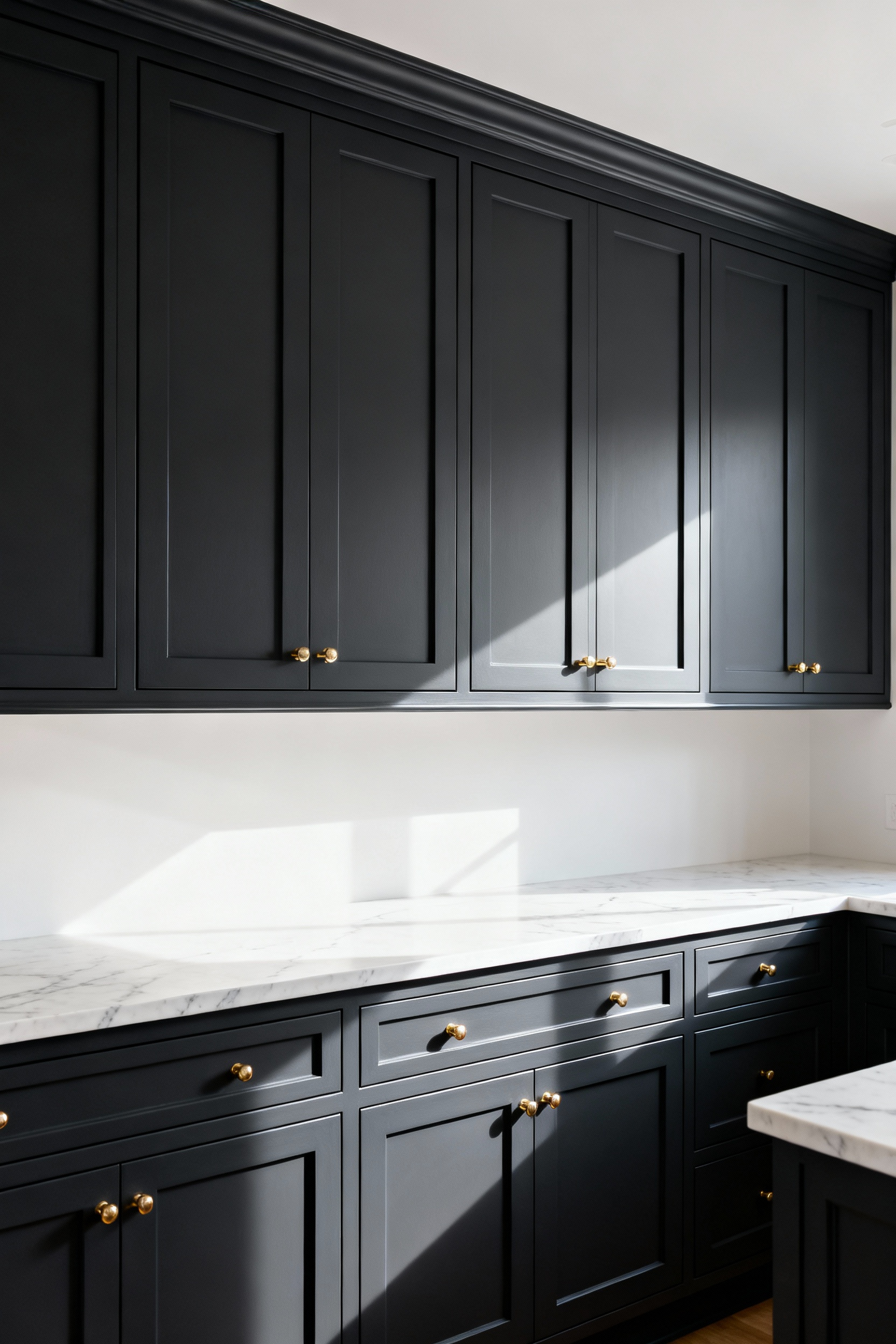 A modern kitchen remodel showcasing flat cabinet doors that have been upgraded to a custom Shaker style using inexpensive applied MDF trim, painted a deep charcoal gray.