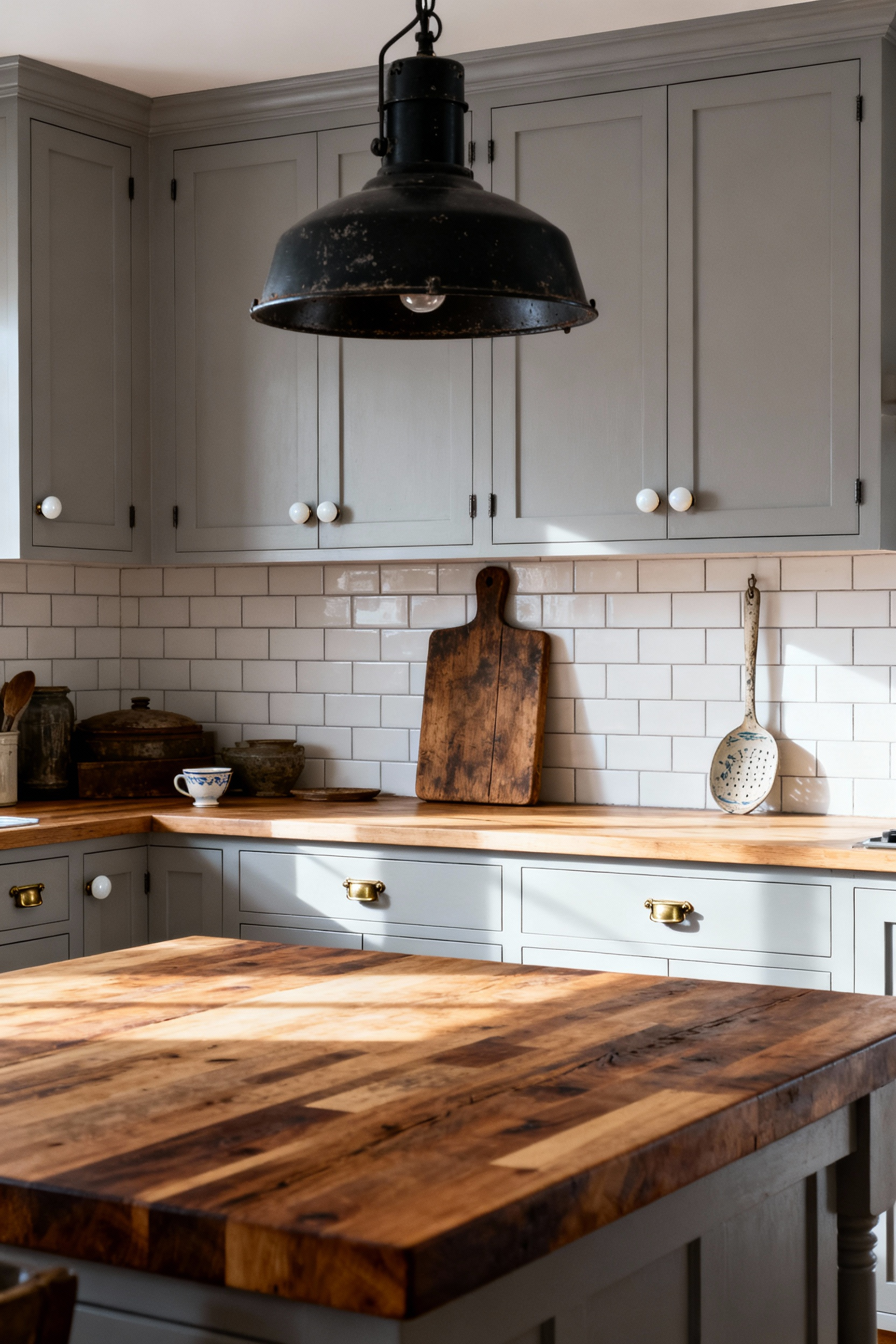 A budget kitchen remodel showcasing vintage styling details, including stock gray cabinetry with mismatched antique brass and milk glass hardware, and a salvaged industrial metal pendant light hanging over a wood butcher block counter.