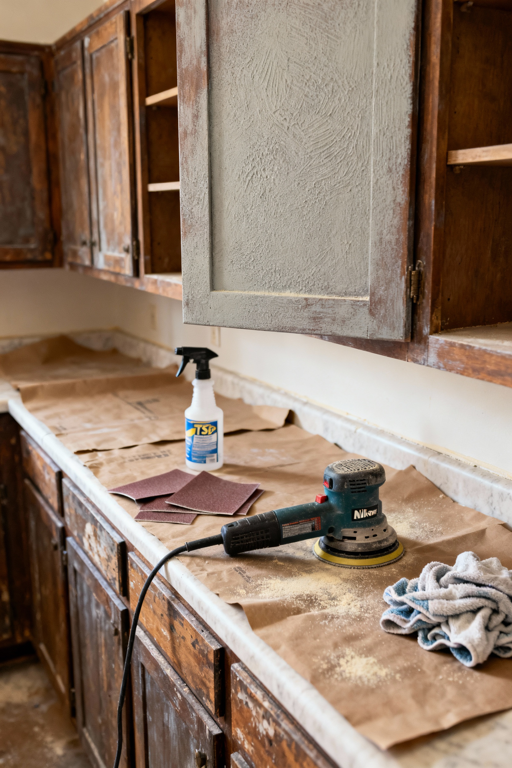 Detailed view of old kitchen cabinets being aggressively sanded and cleaned with degreaser and rags, showing the crucial preparation phase before painting cabinets during a budget kitchen remodel.