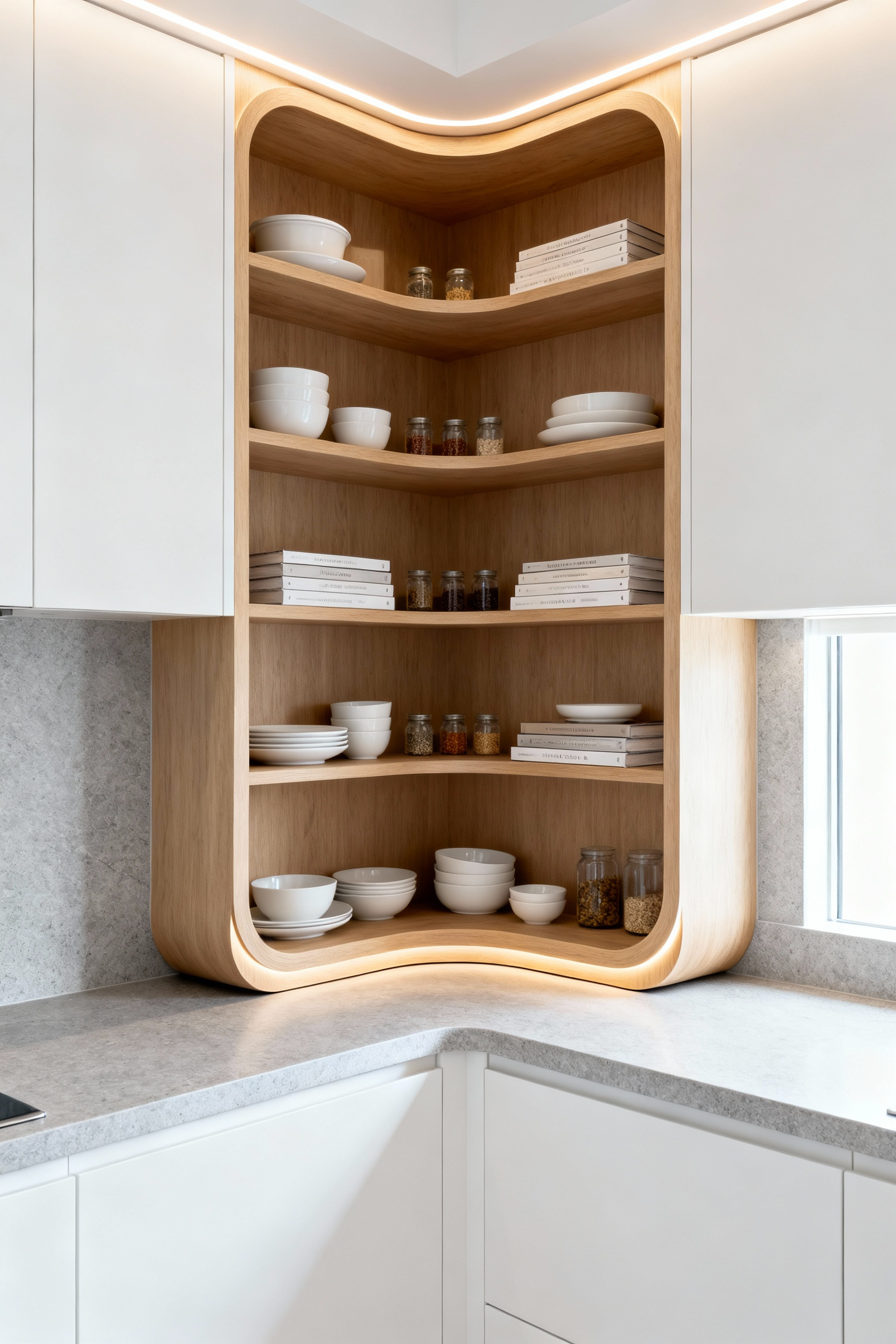 A bright, modern kitchen corner featuring seamless, custom wooden shelving that wraps continuously around the 90-degree angle, designed to eliminate inaccessible dead zones typical of traditional corner storage.