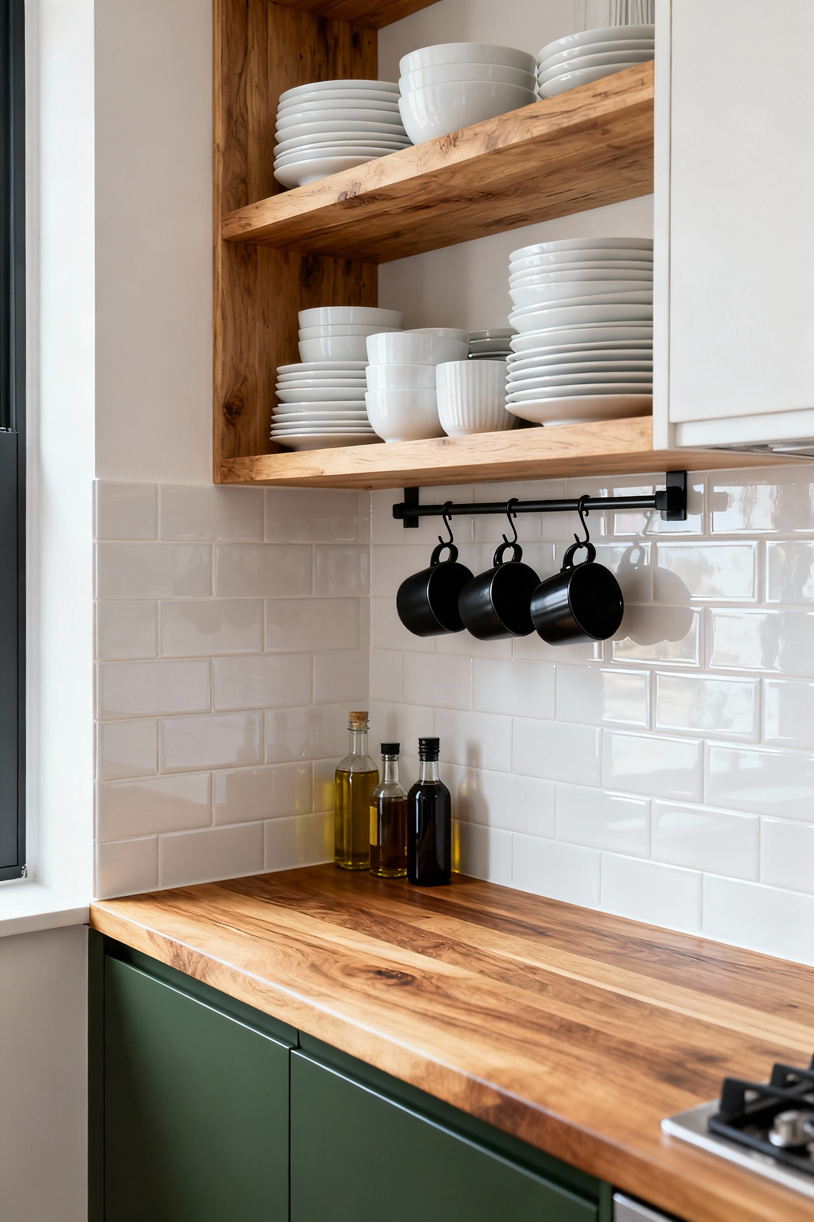 Open wooden shelves in a small, efficient kitchen displaying white plates, coffee mugs, and cooking oils, illustrating high-frequency infrastructure storage.