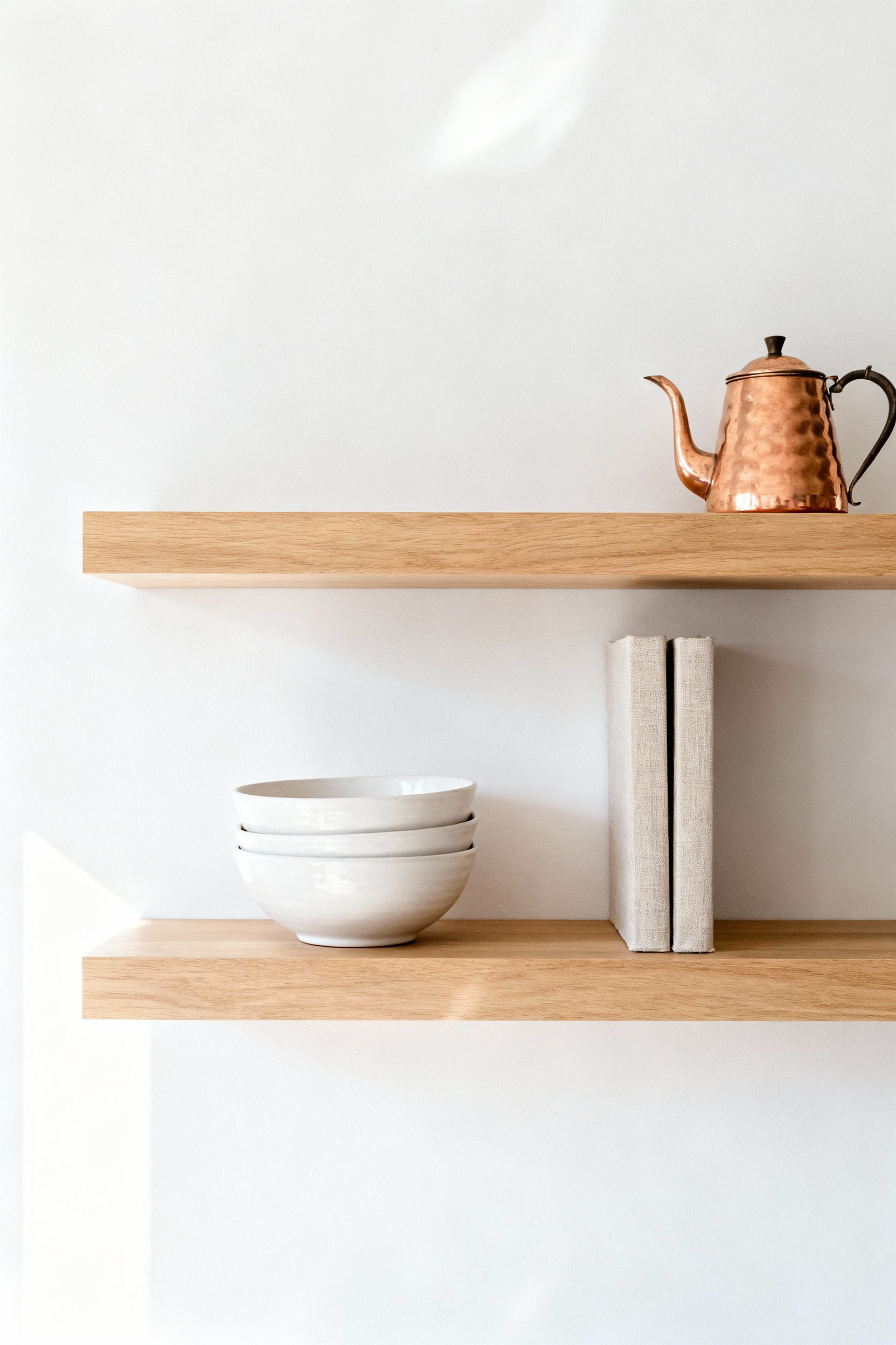 Two light oak floating kitchen shelves demonstrating the 60/40 negative space ratio, with curated items like white ceramic bowls and cookbooks occupying 60% of the space and 40% left empty to achieve visual balance and reduce clutter.