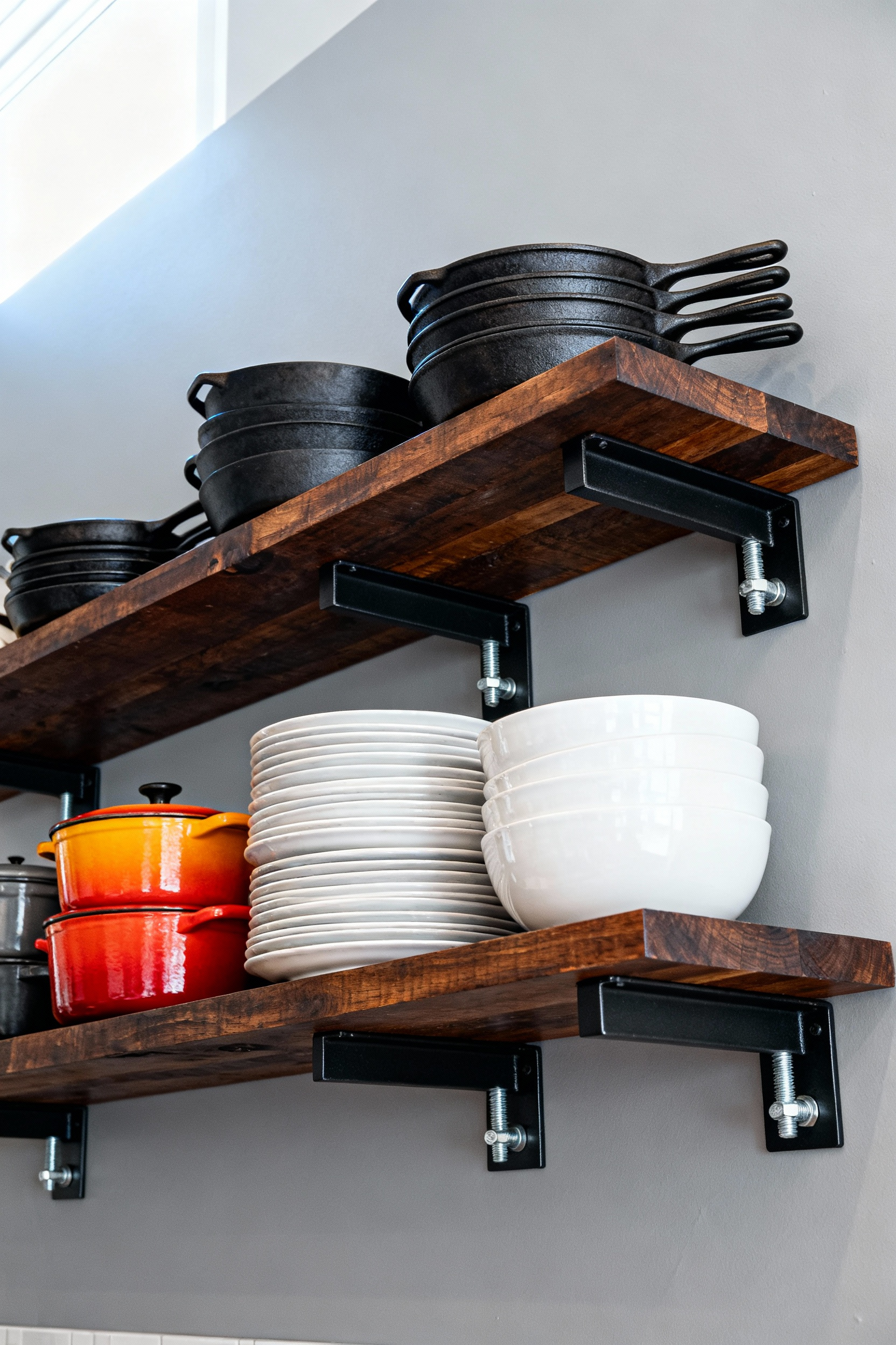 Heavy-duty wall shelving anchored with structural lag bolts into wall studs, safely supporting a large collection of black cast iron cookware and stacked white ceramic dinnerware in a modern pantry.