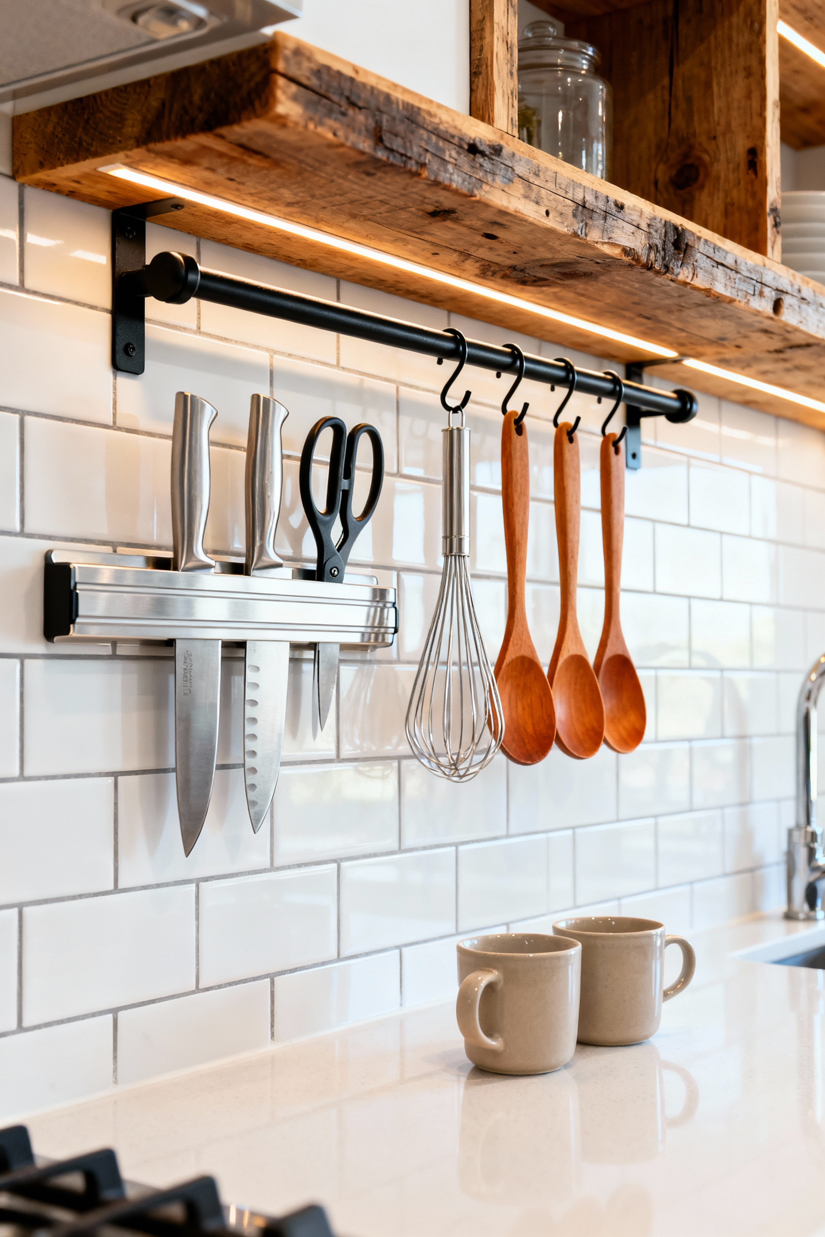 Organized kitchen scene showing the underside of an open wooden shelf utilized for storage using a magnetic strip for knives and a hanging rail system for wooden utensils and mugs.