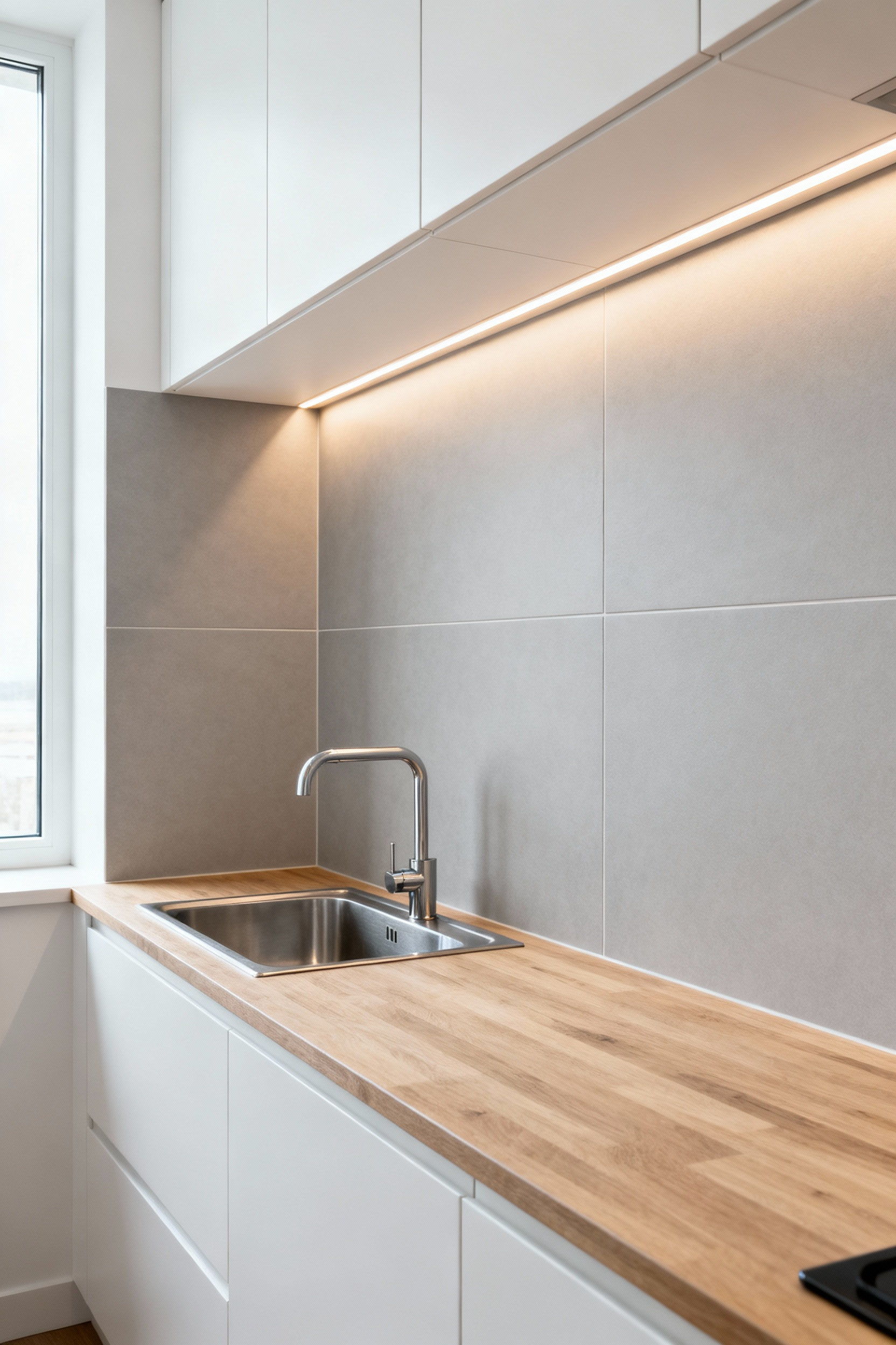 A photograph of a compact, modern kitchen showcasing a continuous, large-format pale gray porcelain tile backsplash that minimizes visual interruption behind a stainless steel faucet and white cabinets.