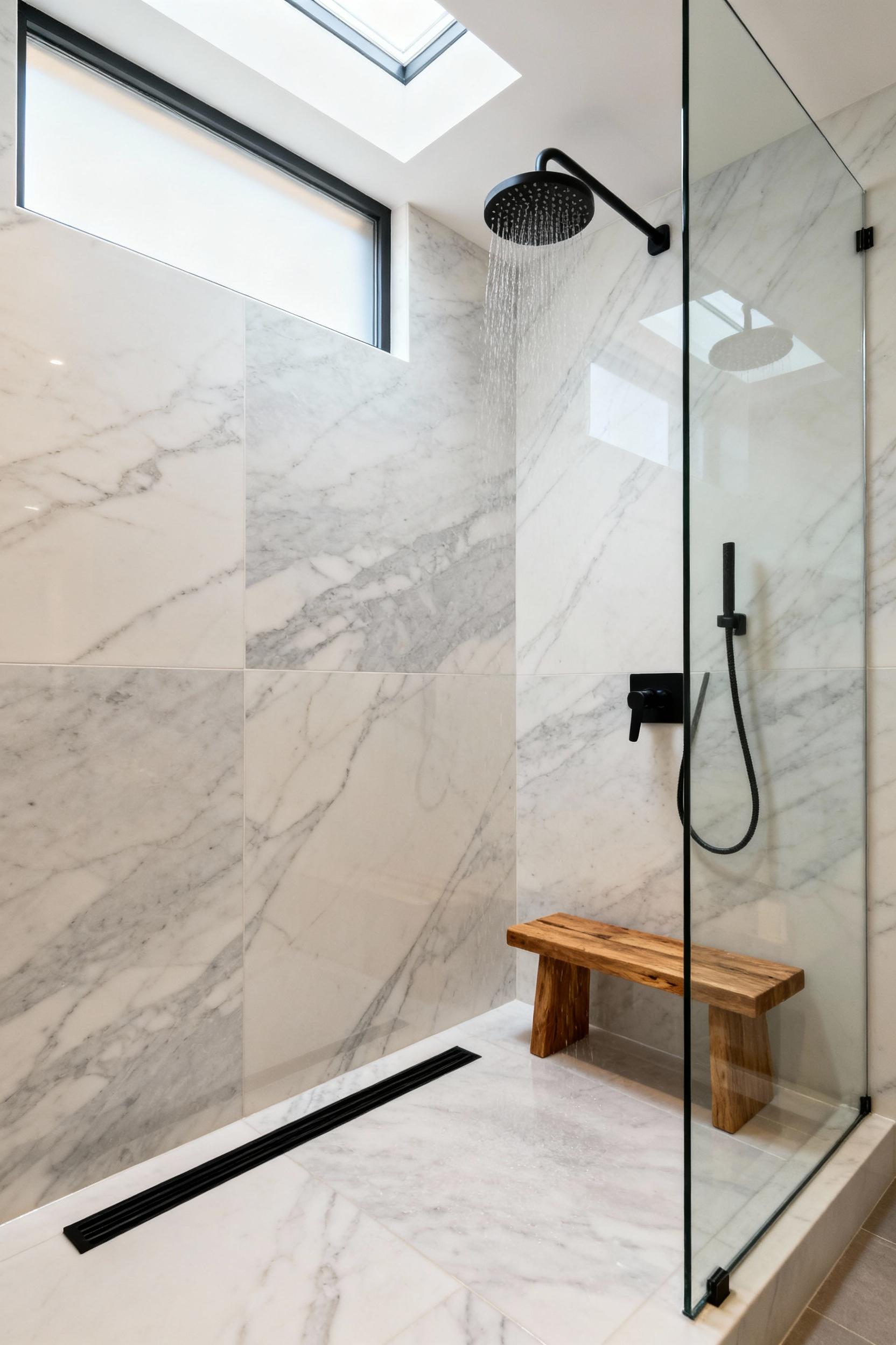 A modern walk-in shower featuring seamless large-format porcelain slabs on the walls, designed to eliminate grout lines and create a monolithic, high-end spa aesthetic.