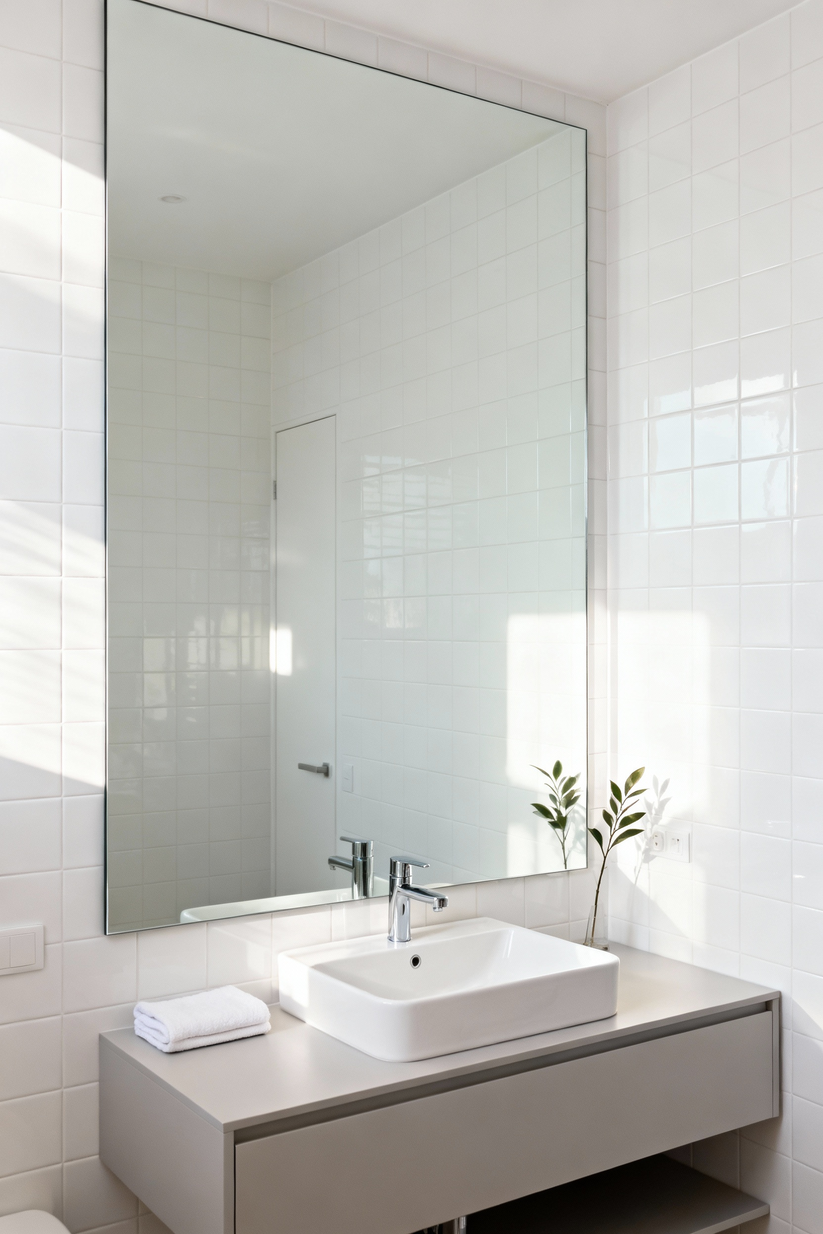 A modern small bathroom featuring an expansive, frameless mirror that spans the entire wall above a vanity, creating the illusion of doubled space and reflecting abundant light. Perfect for small bathroom interior design.