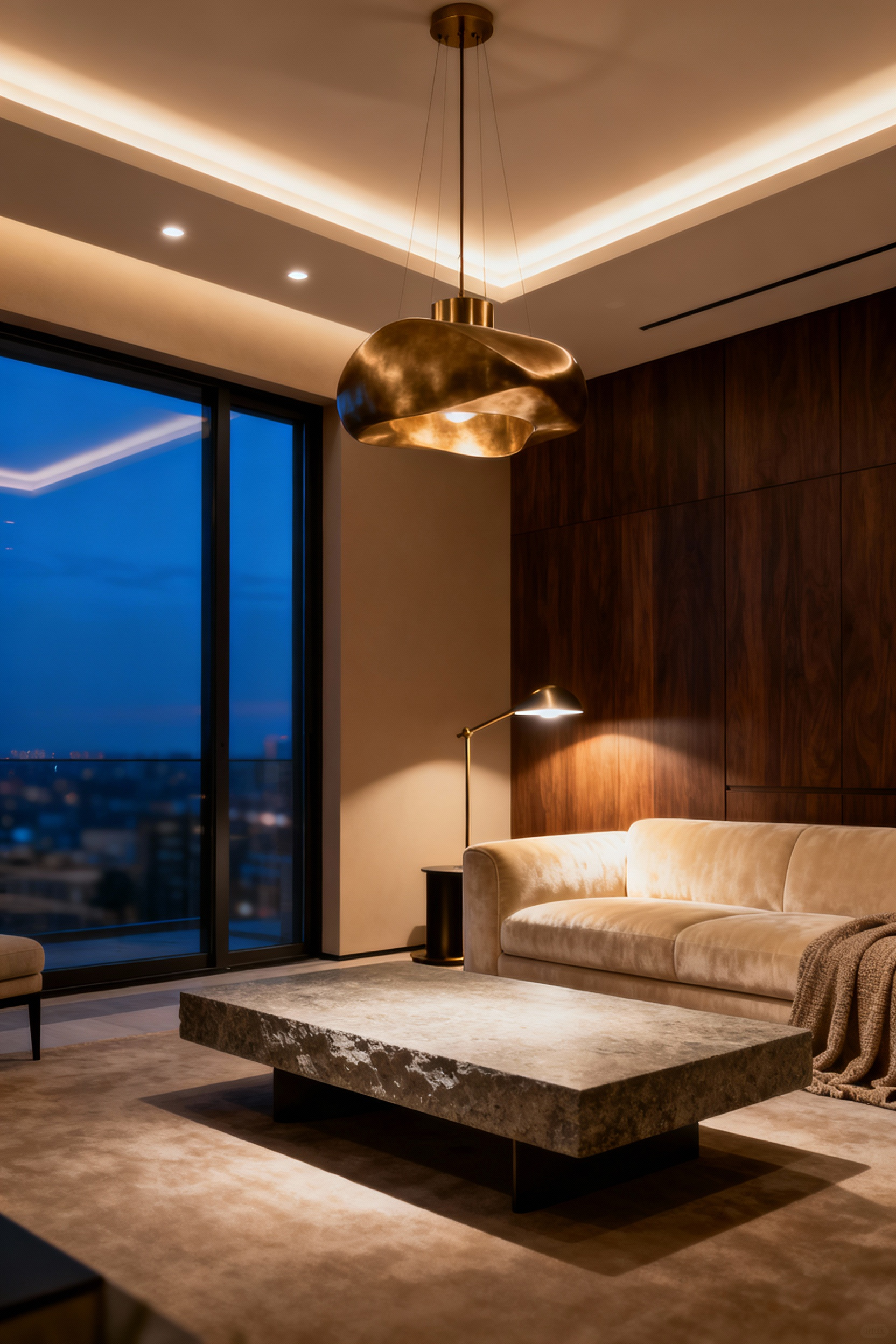 A photograph of a luxury modern living room showcasing a carefully designed layered lighting scheme (ambient, task) that creates a warm, inviting atmosphere at dusk. Ideal for living room design inspiration.