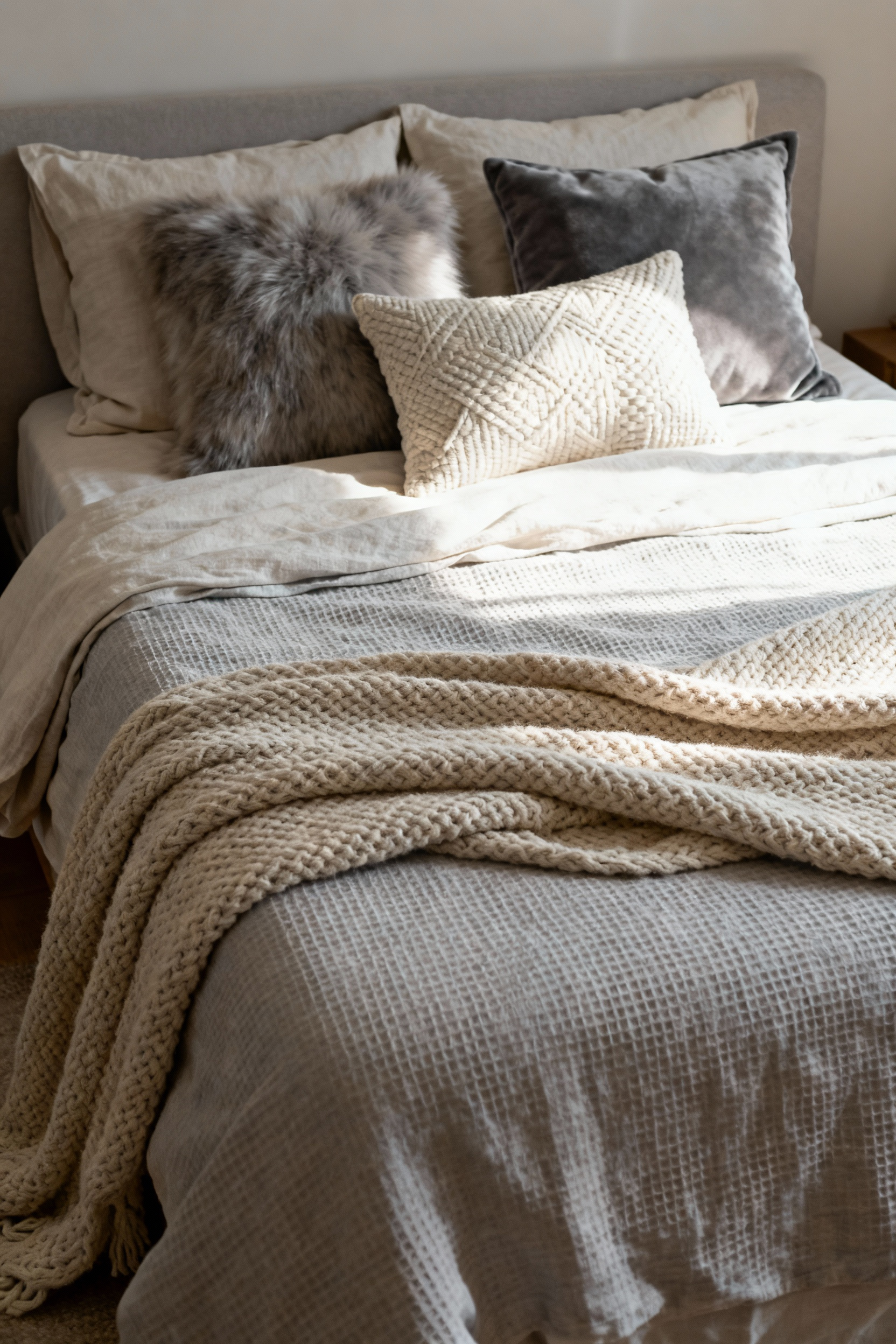 A luxurious and cozy bed styled with multiple layers of different bedding textures, including soft sheets, a waffle knit duvet, chunky knit throw, and velvet pillows in a serene bedroom setting, emphasizing comfort and visual depth.