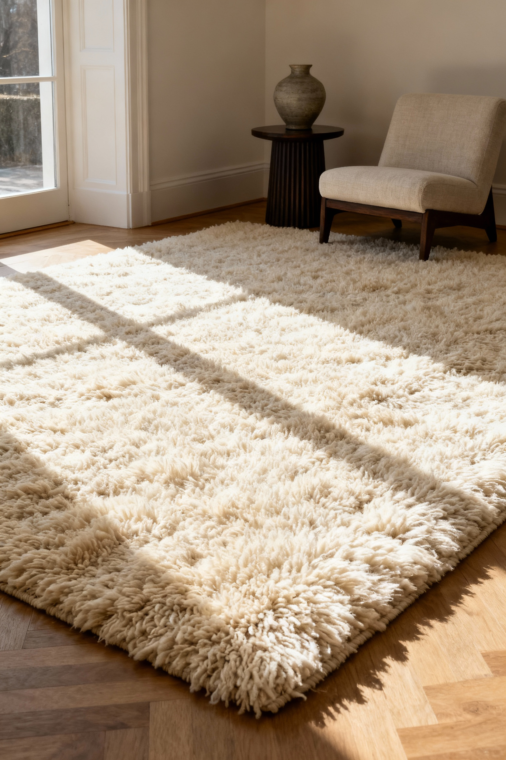 High-pile cream wool area rug grounding a sophisticated living room space, demonstrating the use of dense materials for improved acoustics and luxury design.