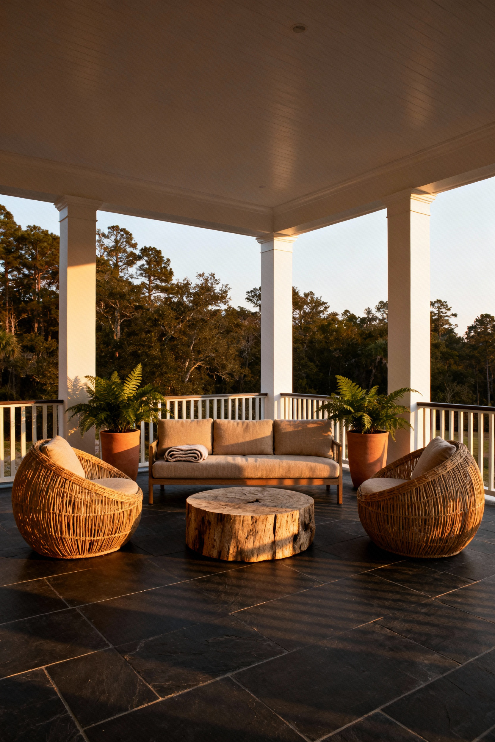 A luxurious back porch featuring a conversation circle arrangement: a linen sofa facing two rattan armchairs, centered away from the walls to create an intimate outdoor salon layout.