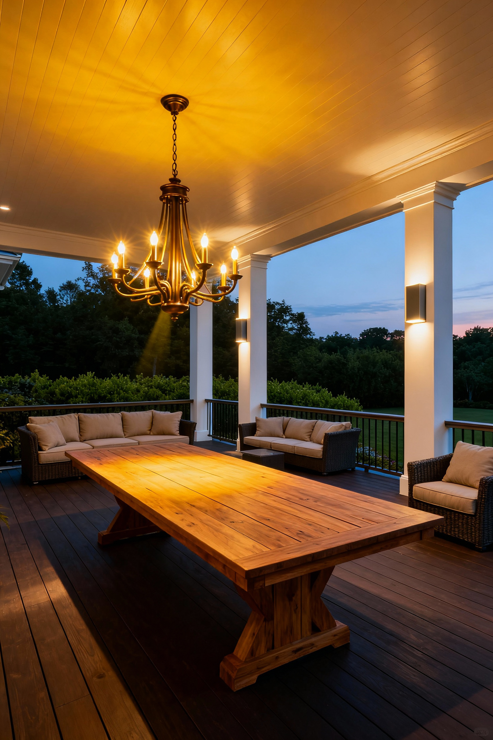 An expansive luxury back porch zoned into distinct dining and lounge areas using contrasting warm lighting fixtures; a large chandelier defines the dining table, while subtle wall sconces light the intimate seating area, emphasizing sophisticated back porch decorating.