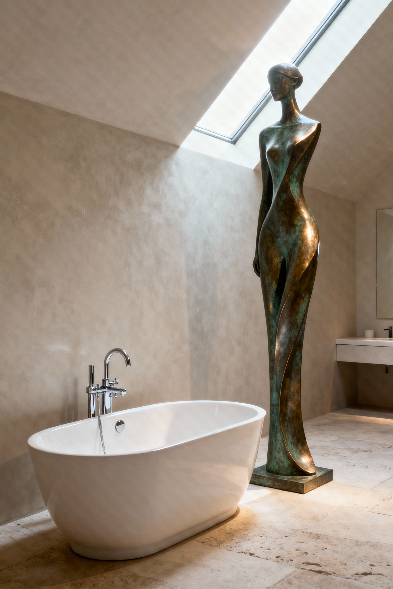 Portrait image of a modern luxury bathroom with a large abstract patinated bronze sculpture next to a freestanding bathtub, showing artistic placement.