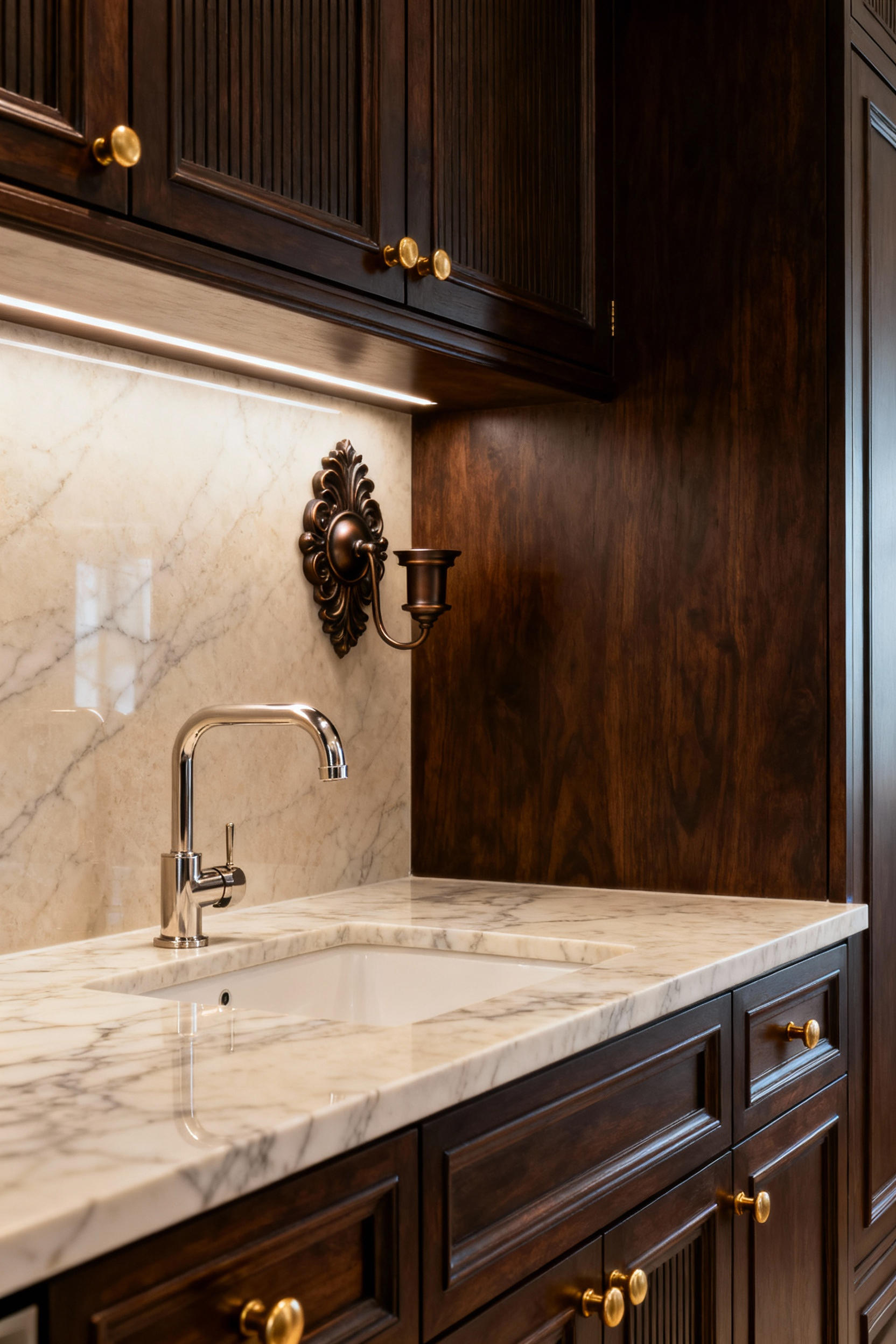 Luxury bathroom vanity with polished nickel faucet, warm brass cabinet pulls, and dark bronze sconce, showcasing a sophisticated mix of opulent metallic finishes.