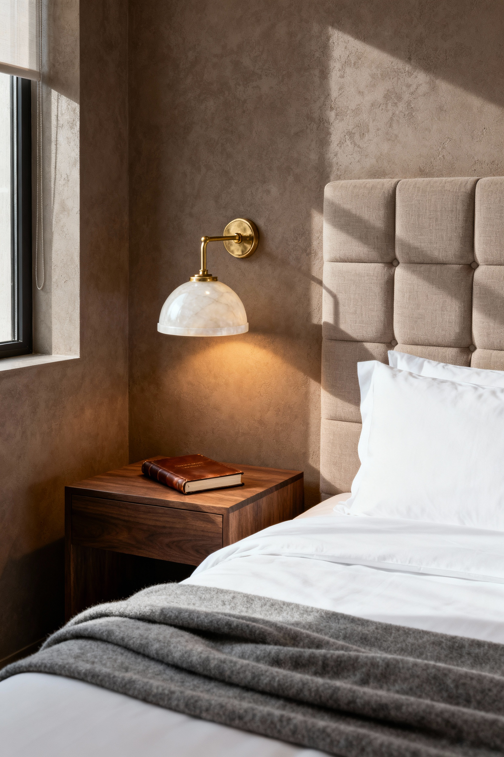 A luxury hotel bedroom featuring a decluttered nightstand area, highlighted by a wall-mounted alabaster and polished brass sconce replacing a traditional table lamp for a cleaner aesthetic.