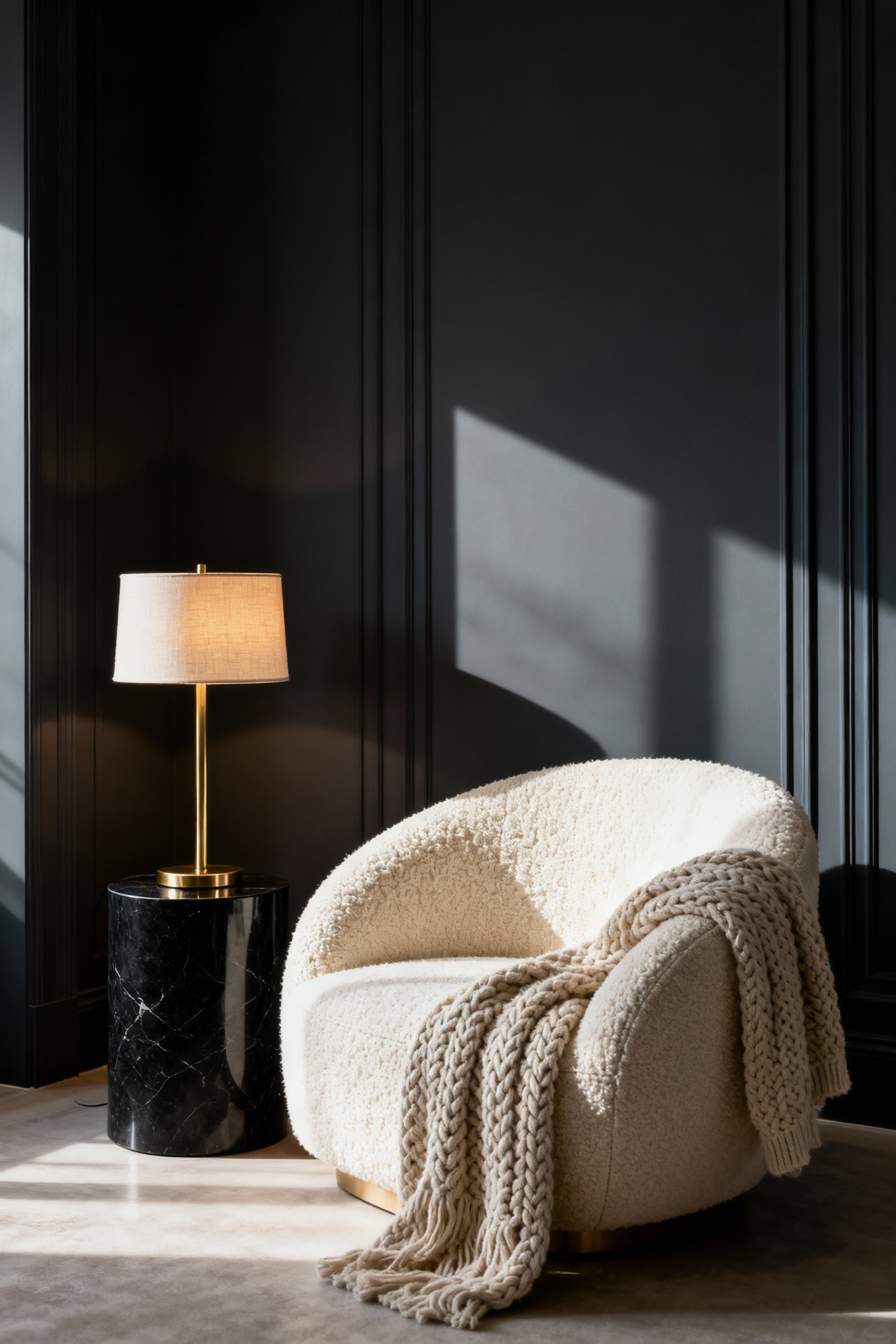 Luxury bedroom corner featuring a sculptural cream bouclé fauteuil paired with a matte black side table and gold reading lamp, demonstrating sophisticated accent chair curation.