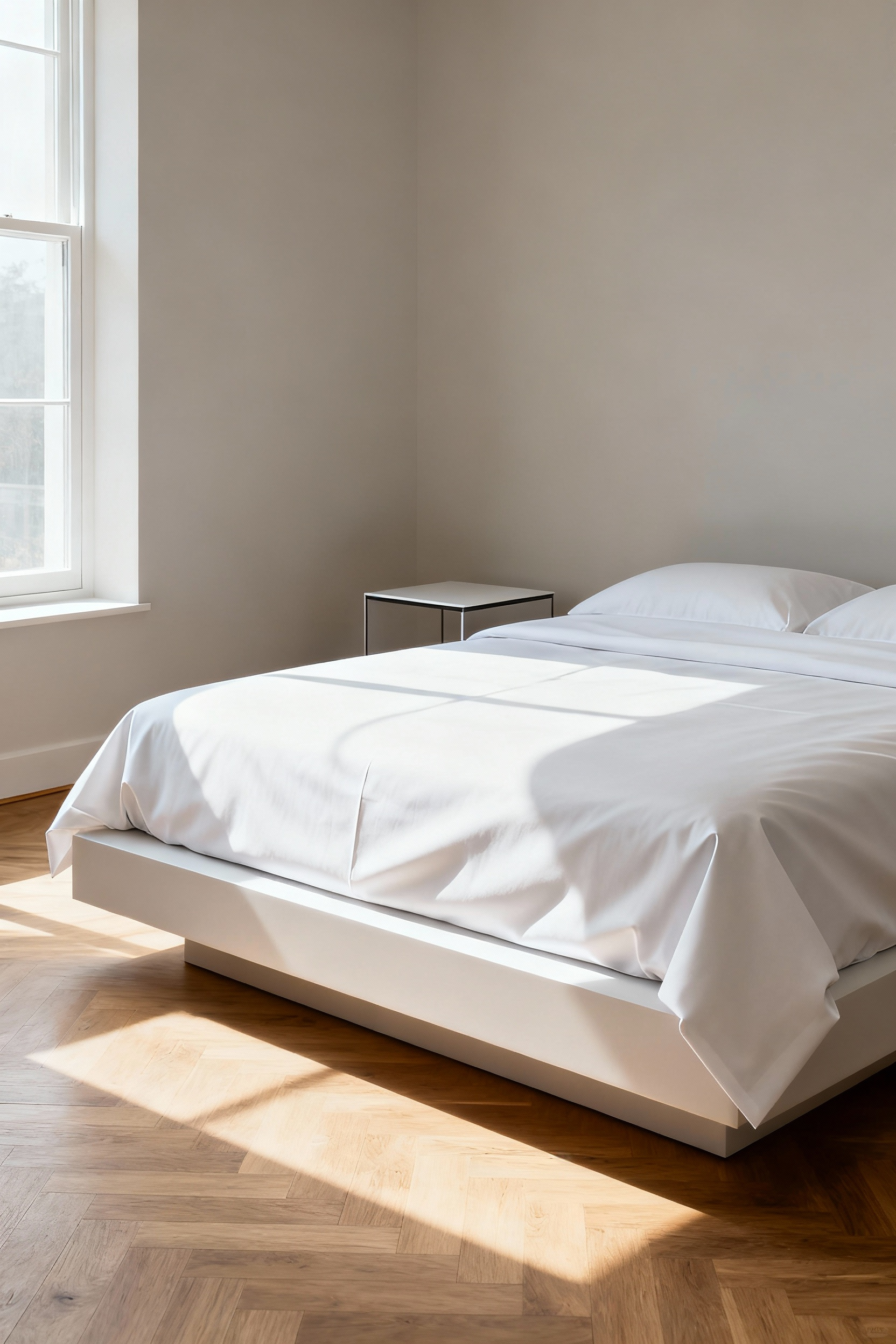 A bright luxury bedroom featuring a bed meticulously made with crisp, matte white percale sheets, emphasizing a clean, minimalist design aesthetic under bright natural daylight.