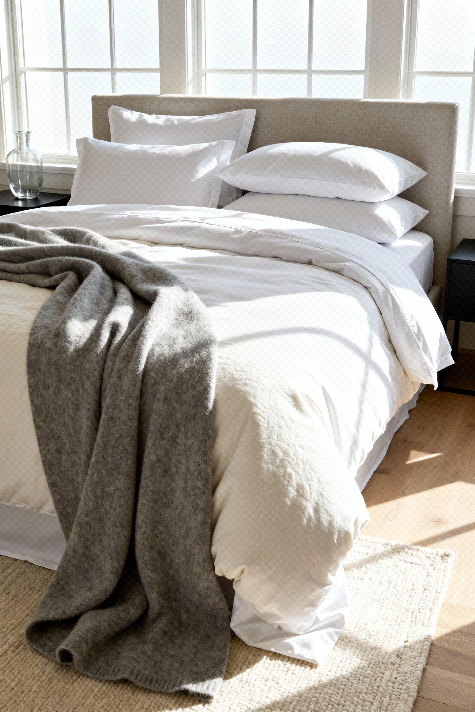 A photograph of a luxury bedroom highlighting investment-grade bedding and soft furnishings, featuring crisp white Egyptian cotton sheets layered under a voluminous duvet and a tactile cashmere throw blanket.